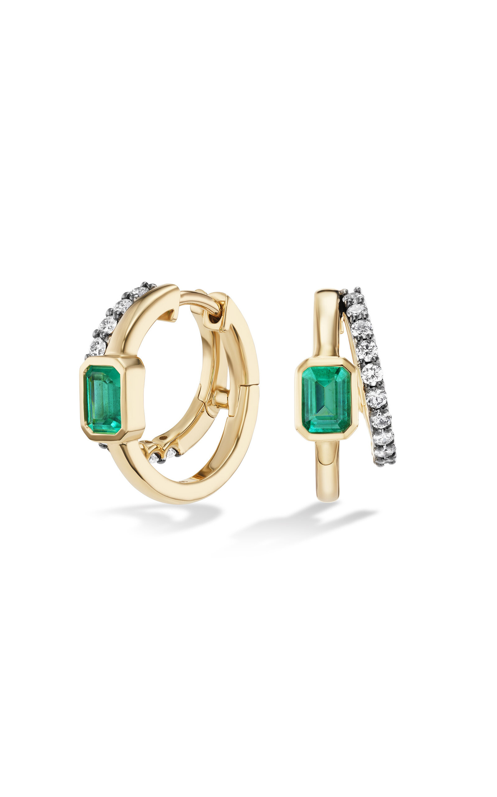 14K Yellow Gold Emerald Double Huggies in Emerald and Lab Grown Diamond