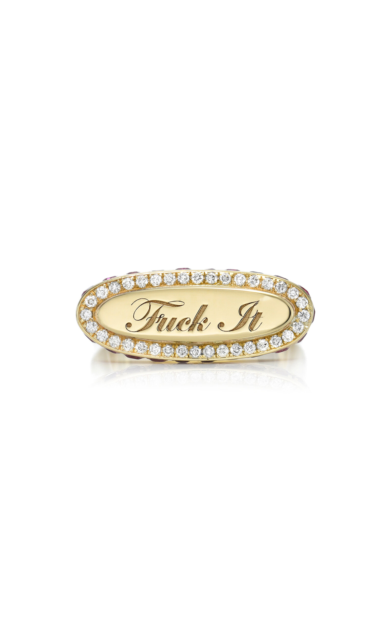 14K Yellow Gold F*** It Signet Diamond and Pink Sapphire Ring
