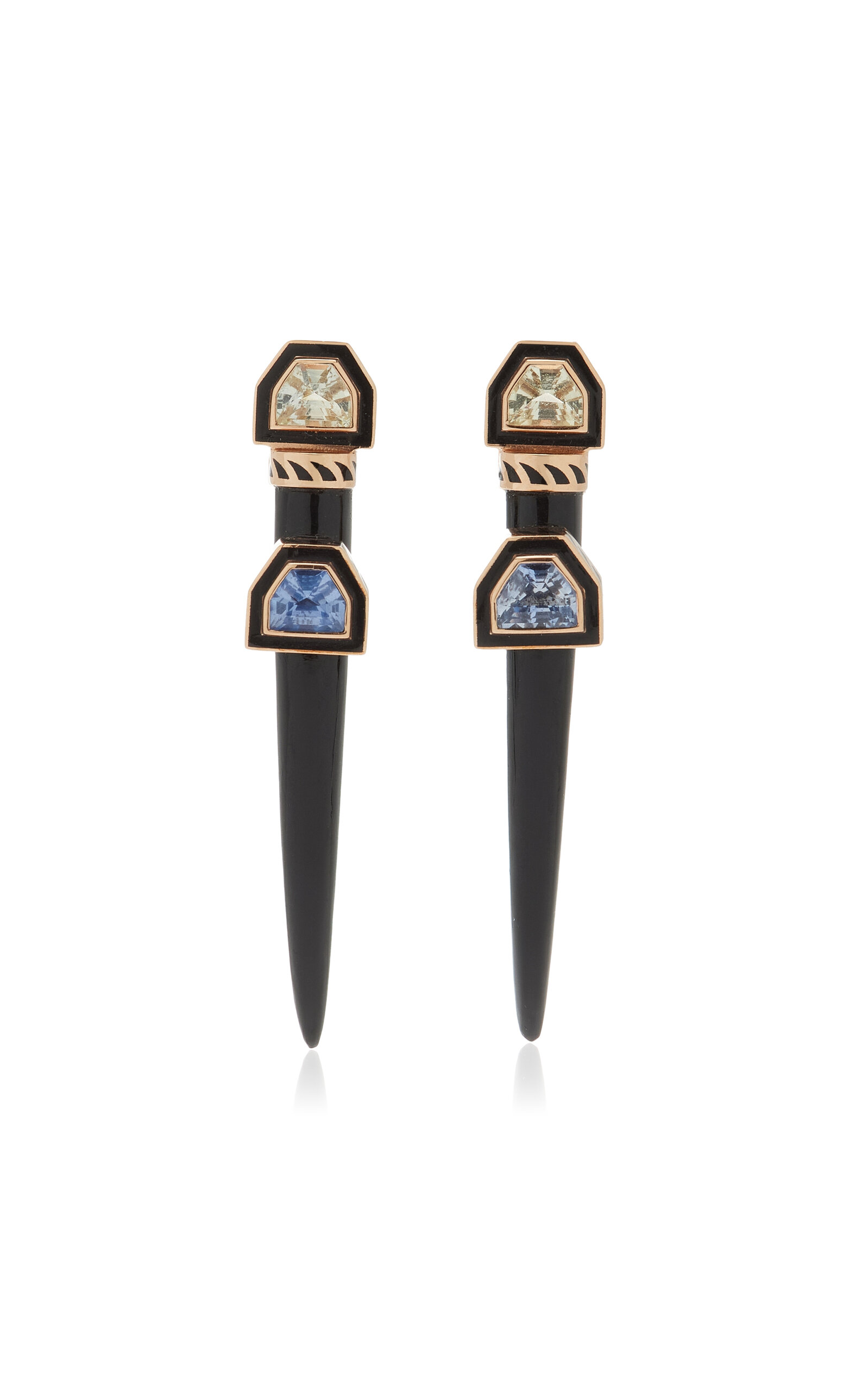 Dezso By Sara Beltran 18k Rose Gold Tusk Earrings With Onyx And Blue Sapphire In Gold