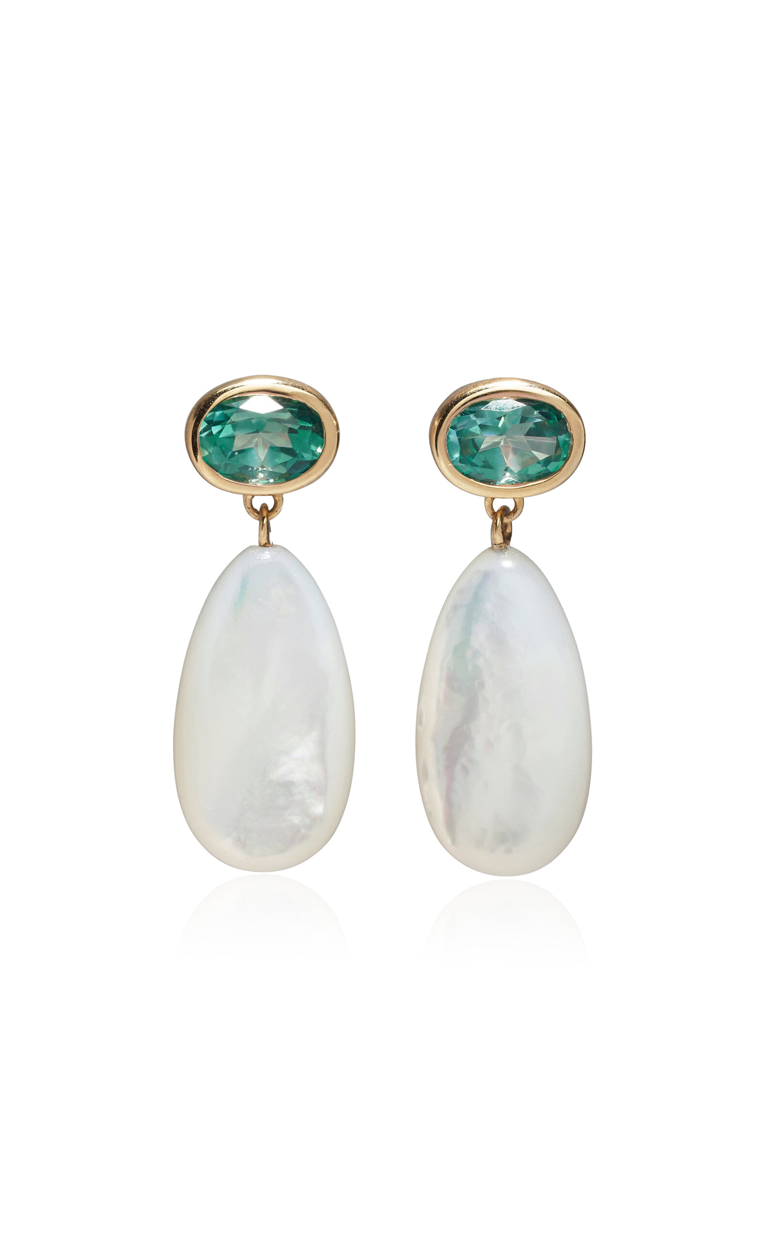 14k Gold Drop Earrings in Green Topaz & Mother-of-Pearl