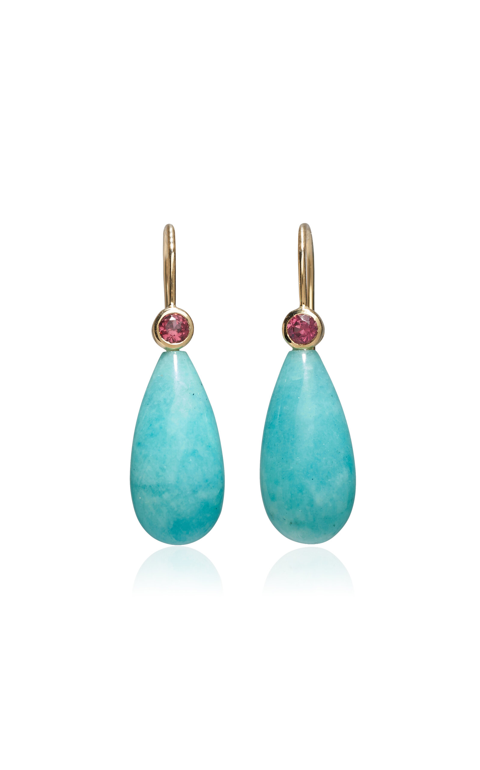 14k Gold Drop Earrings in Pink Rhodalite & Amazonite