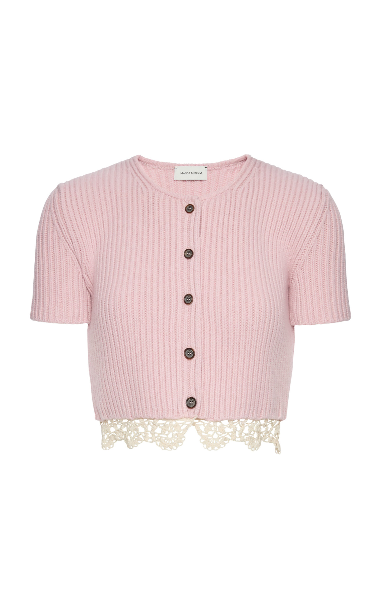 Magda Butrym Cropped Lace-trimmed Cashmere Cardigan In Pink