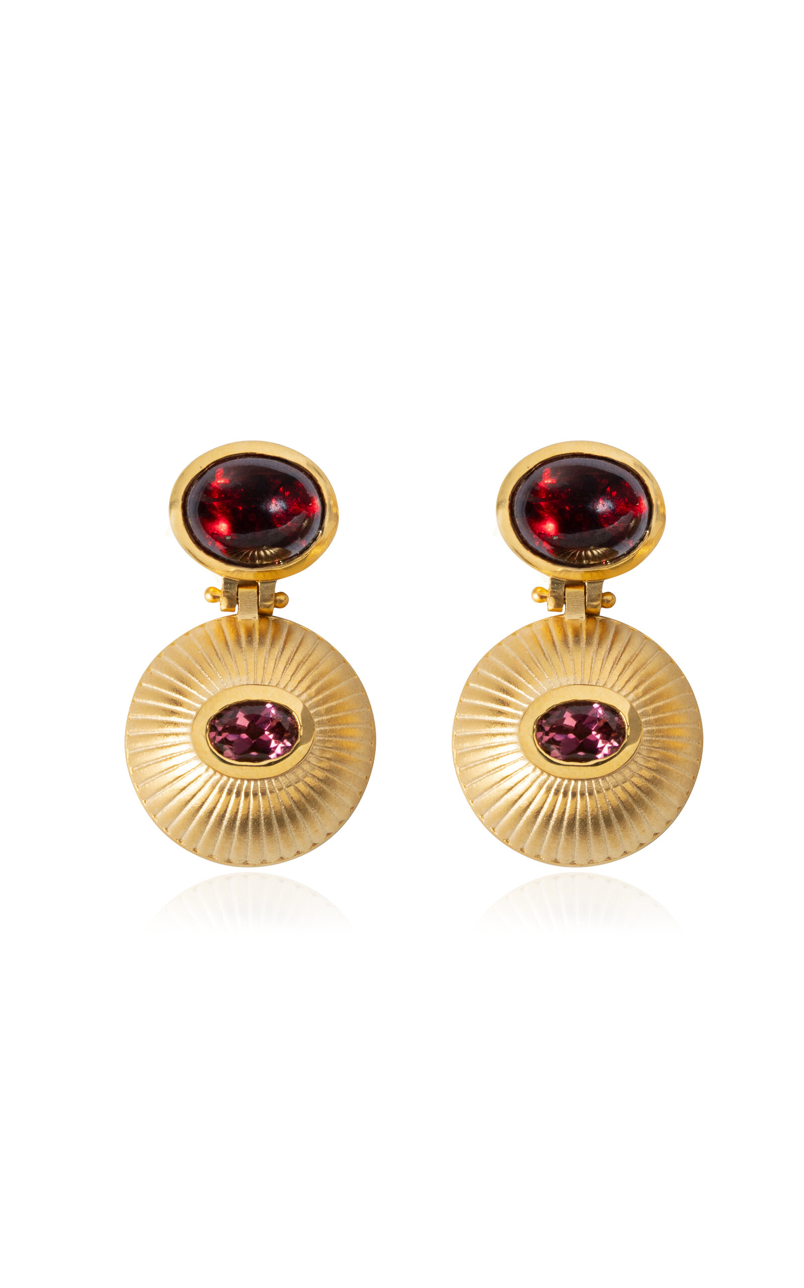 14k Gold Pink Tourmaline & Garnet Sun Bulla Earrings