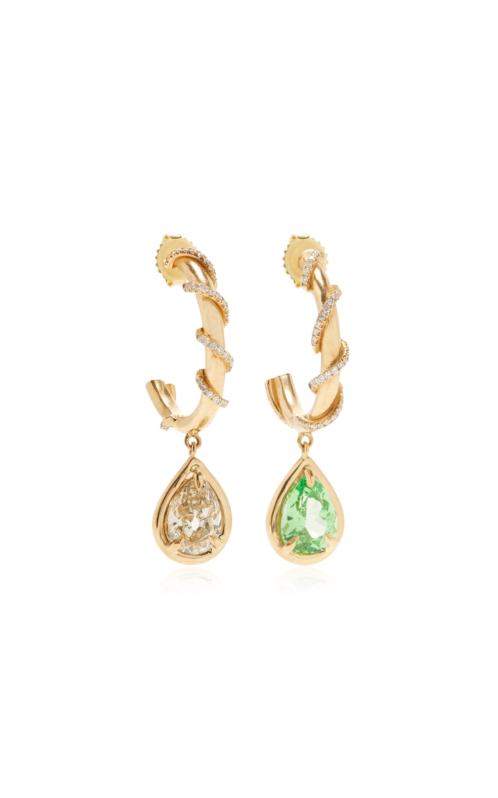 Vanessa Fernández 18k Yellow Gold Diamond Curva Wrap Hoops With Grossular Garnet And Diamond Pear-shape Drops In Green