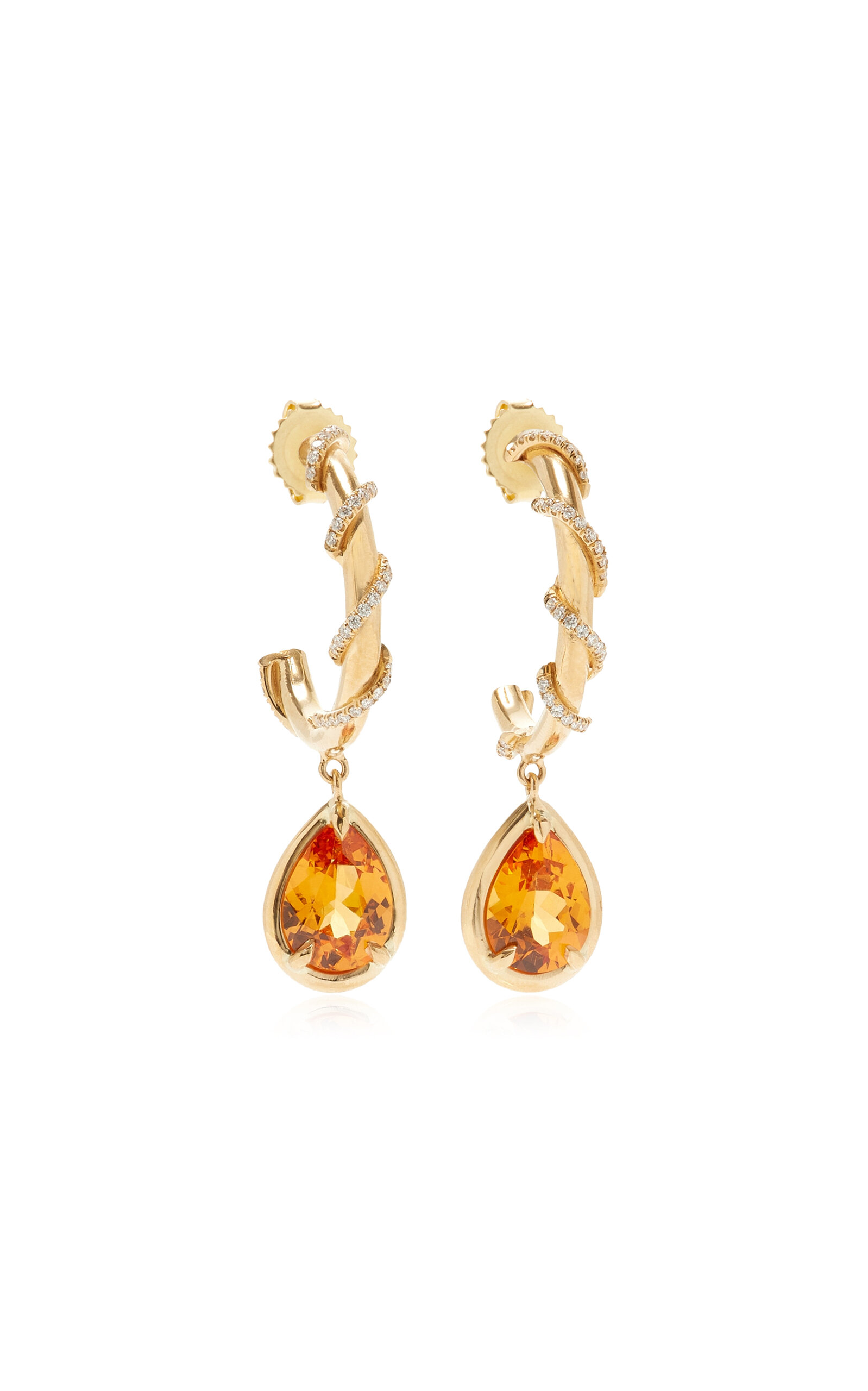 Vanessa Fernández 18k Yellow Gold Diamond Curva Wrap Hoops With Mandarin Garnet Pear-shape Drops In Orange