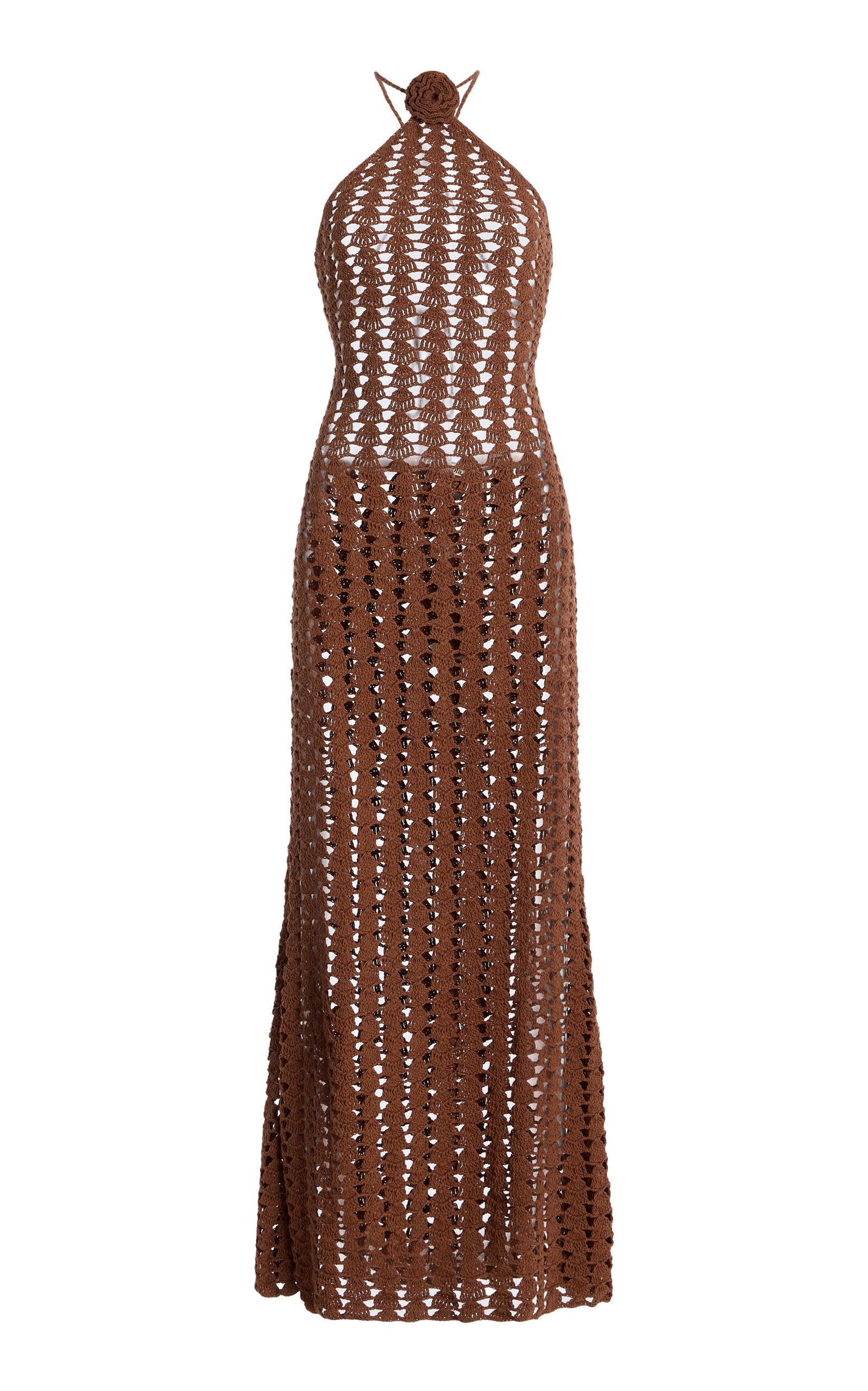 Akoia Swim Exclusive Rosette Crocheted Cotton Halter Maxi Dress In Brown