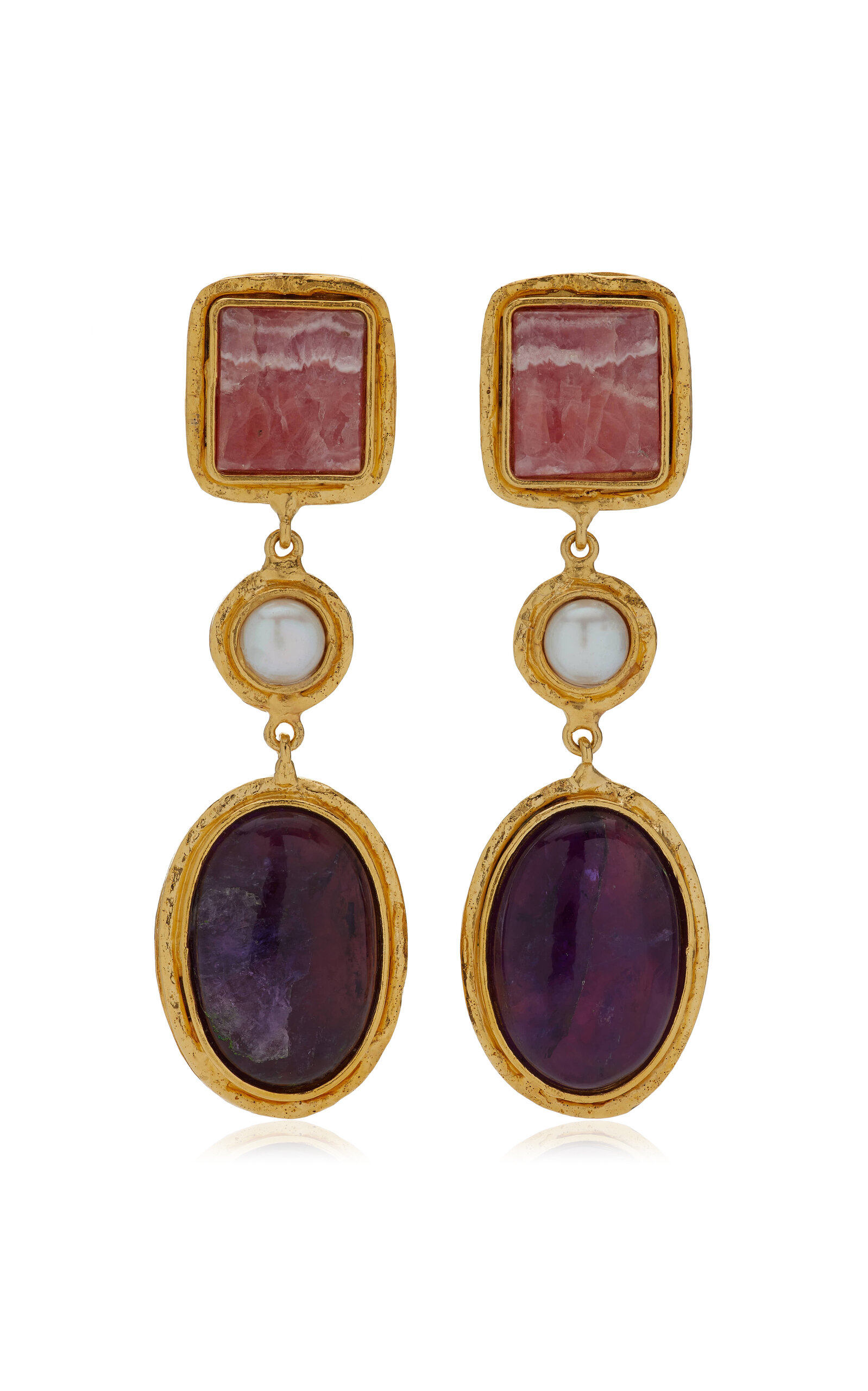 Sylvia Toledano 18k Gold Plated One Of A Kind Pearl; Amethyst; Rhodochrosite Earrings In Gold
