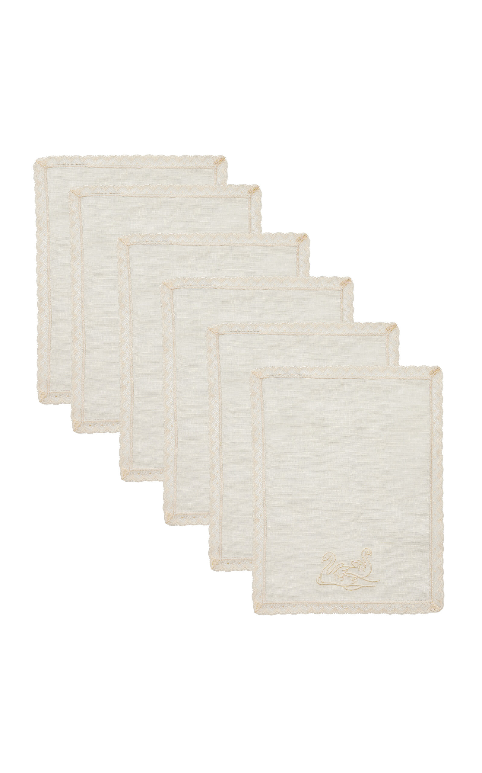 Moda Domus Set-of-Four Swan-Embroidered Linen Cocktail Napkins - White