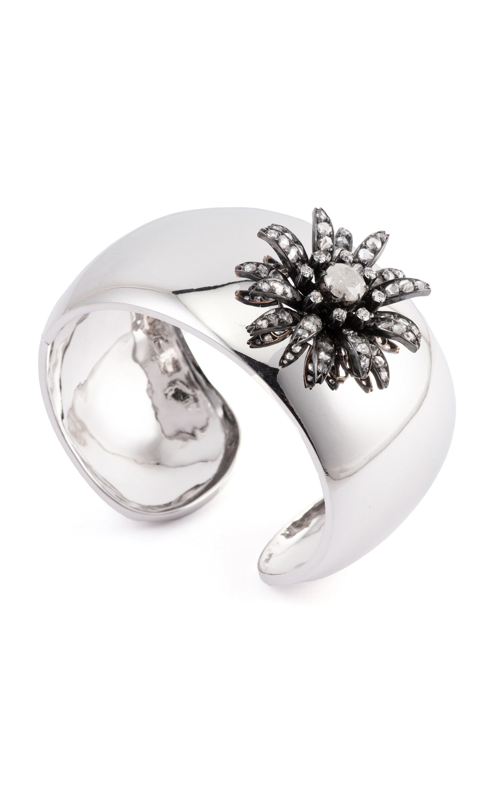 Sylva & Cie 18k White Gold Domed Cuff Bracelet with Antique Flower - White - OS - Only At Moda Operandi
