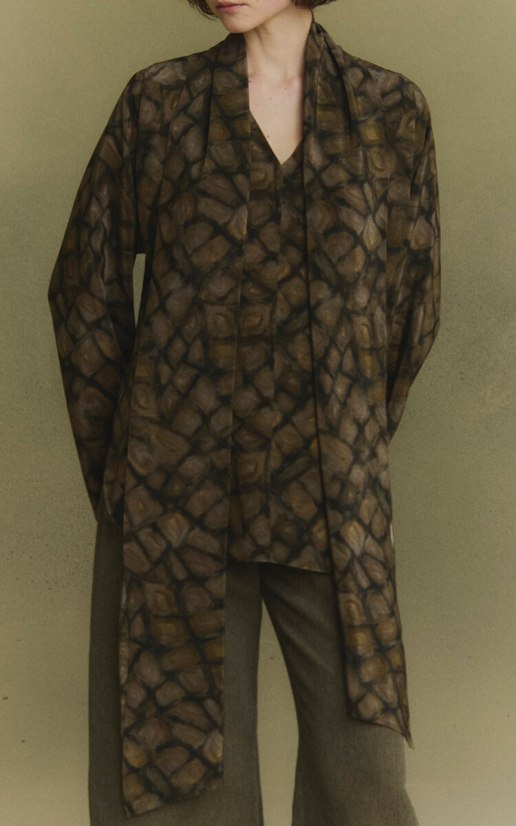 Cortana Deep Printed Silk Tie-Neck Top - Print