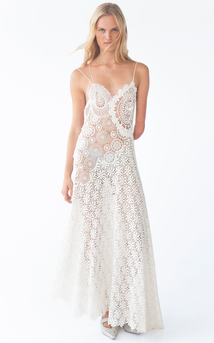 Kettel Atelier Dalia Asymmetric Crochet Maxi Dress In White