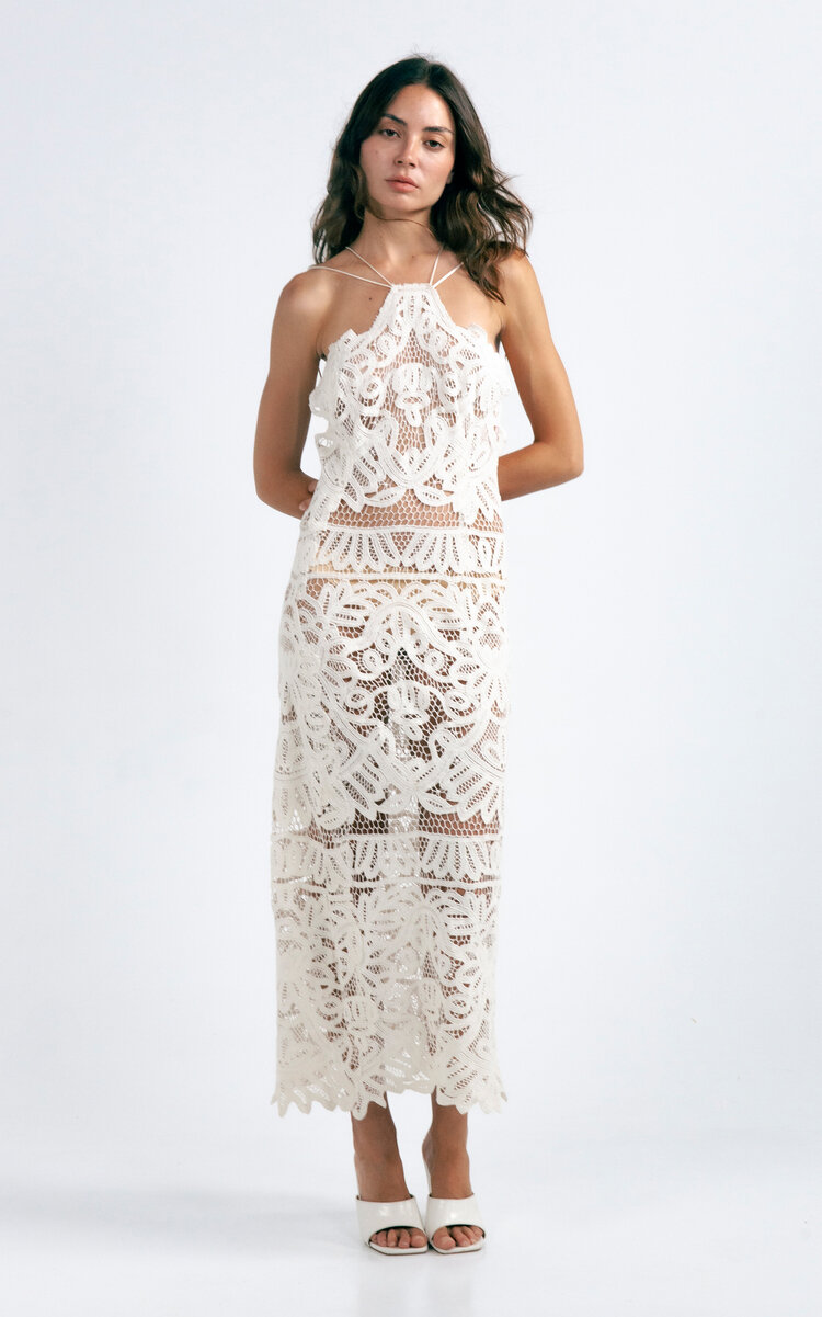 KETTEL ATELIER Anna Halter Lace Midi Dress - Ivory