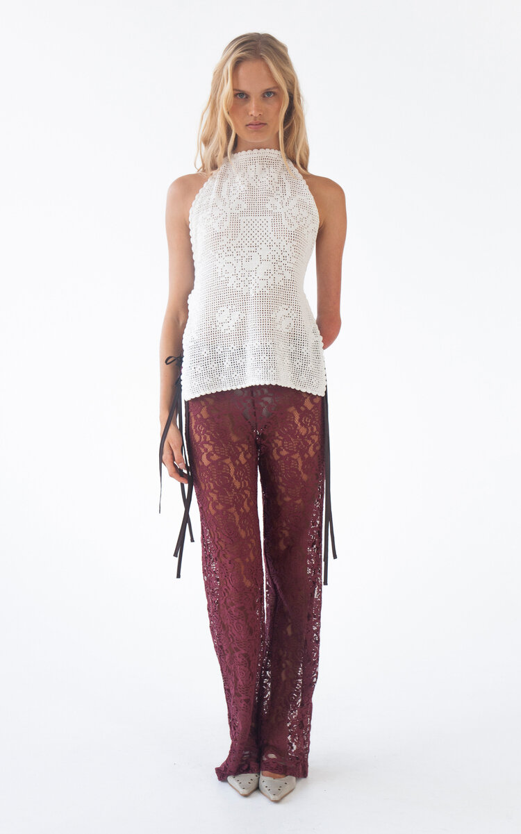 KETTEL ATELIER Tie-Detailed Lace Straight-Leg Pants - Burgundy