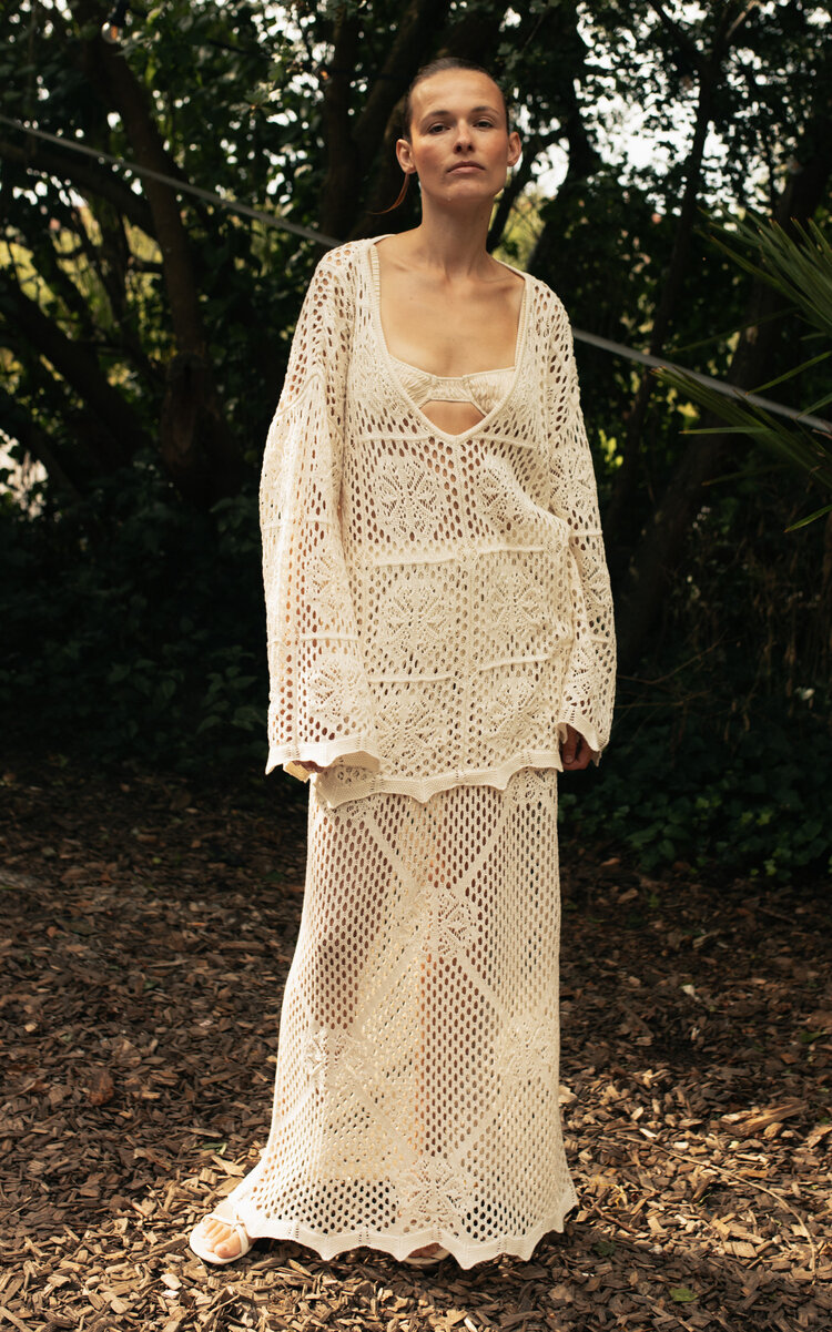 TG Botanical Crochet Cotton Maxi Skirt - White - XS