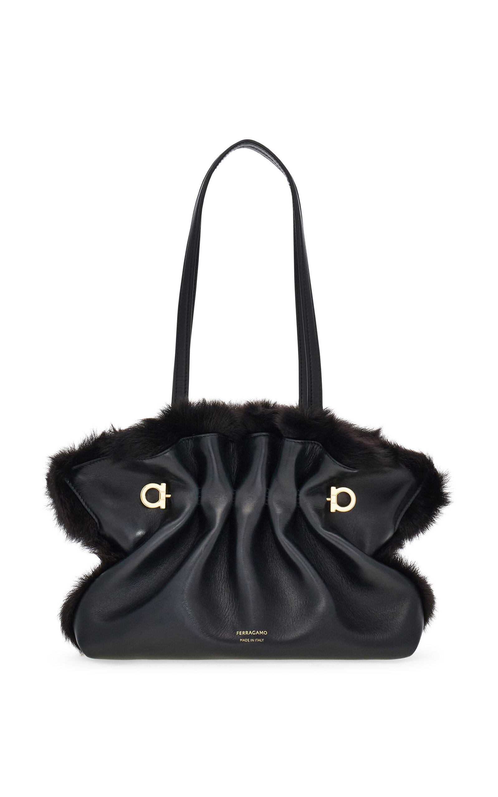 Ferragamo Soft Small Shearling-Trimmed Leather Shoulder Bag