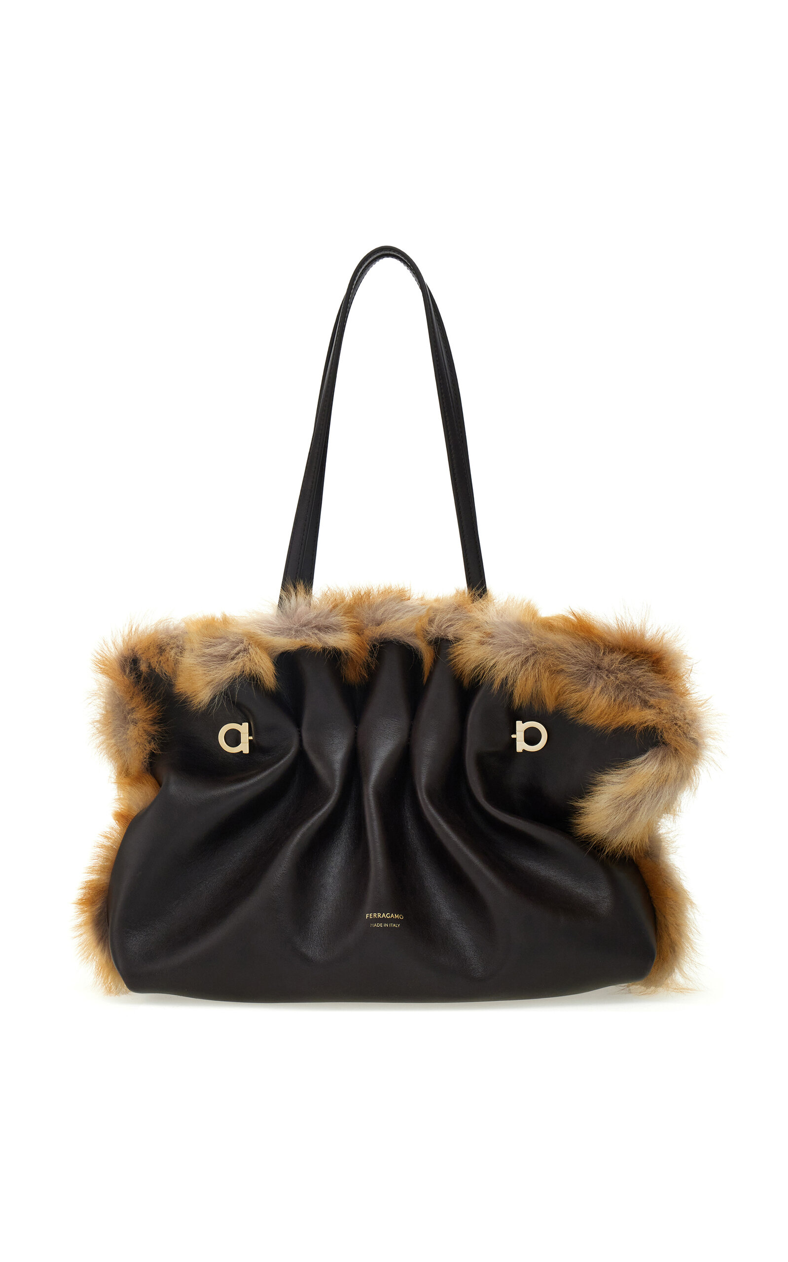 Ferragamo Soft Medium Shearling-Trimmed Leather Shoulder Bag