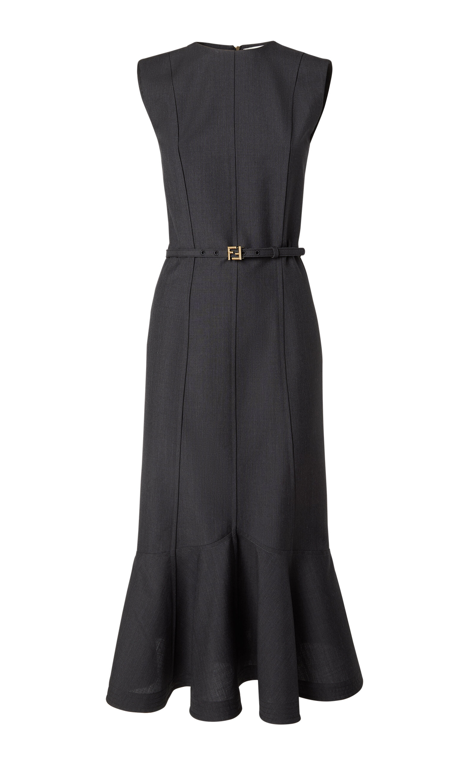Fendi Peplum Wool-mohair Midi Dress In Black