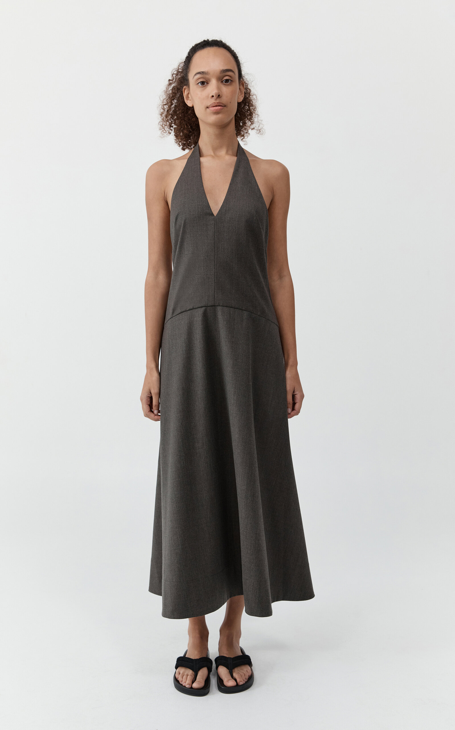 St Agni Plunging Halter Wool-blend Midi Dress In Gray