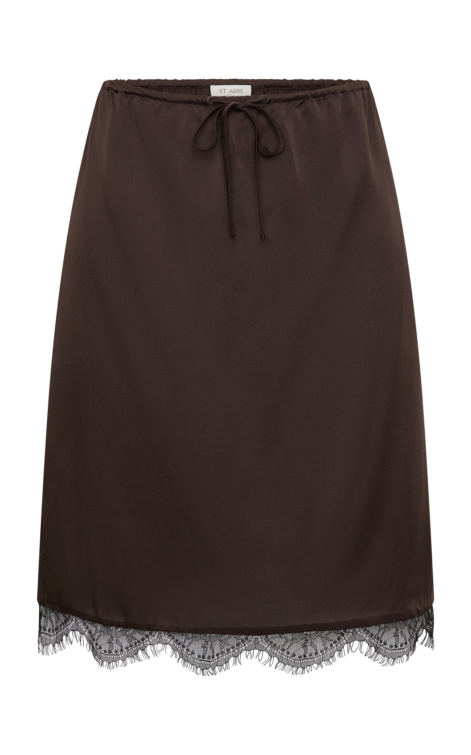 St Agni Lace-trimmed Silk Knee-length Skirt In Brown
