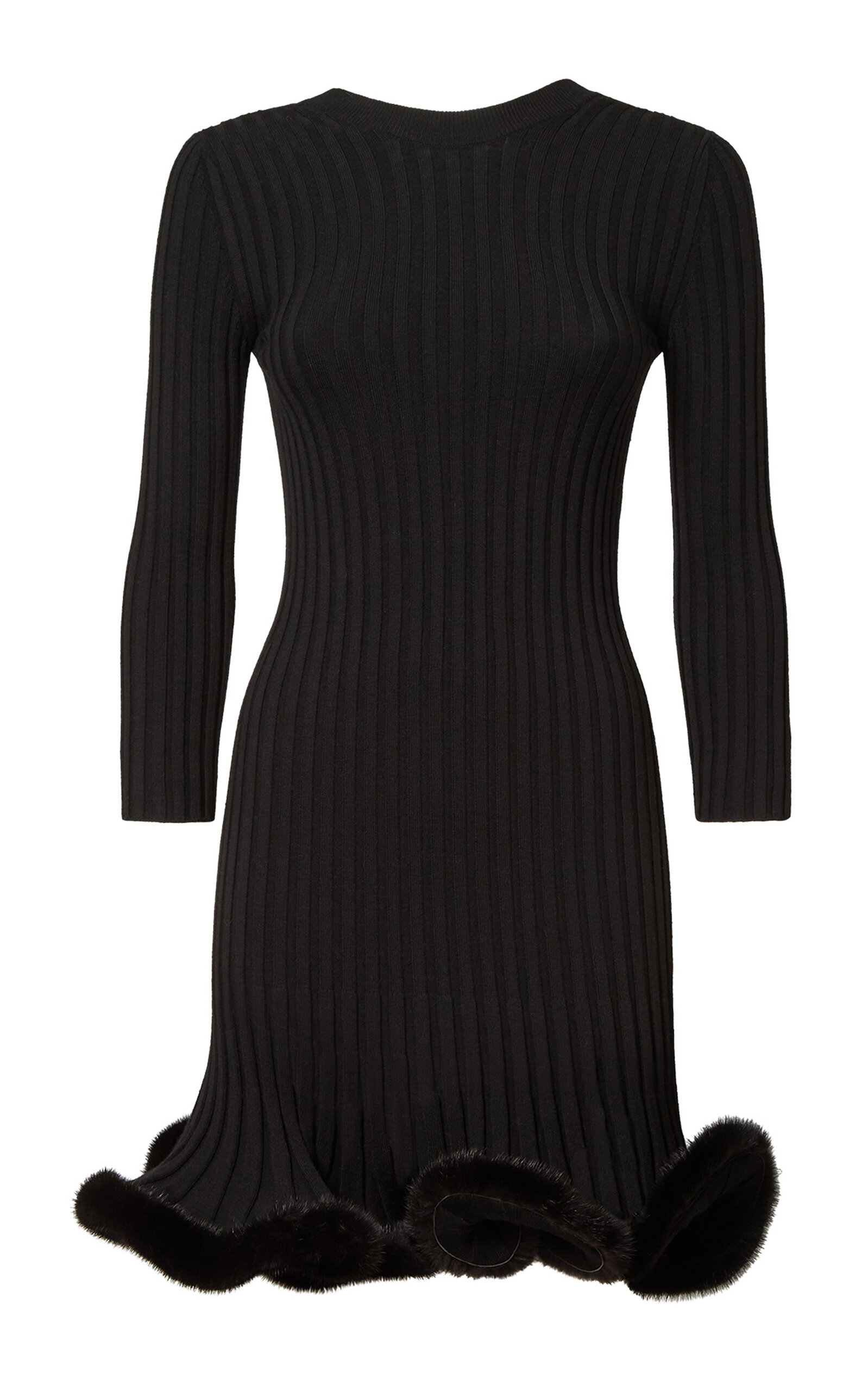 Fendi Fur-trimmed Ribbed-knit Wool Mini Dress In Black
