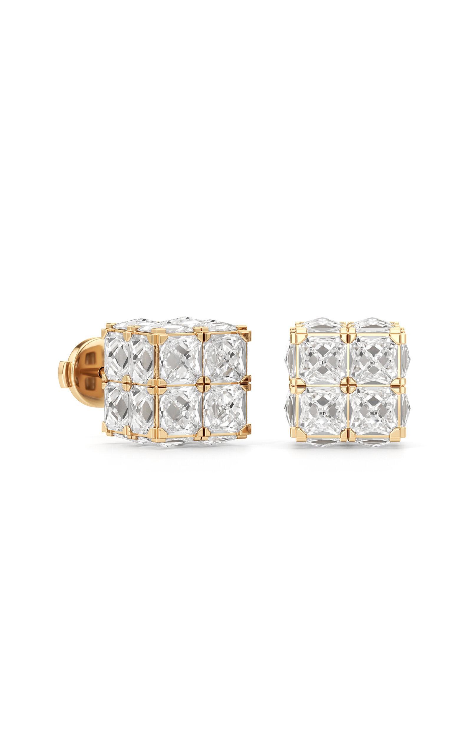 Unsaid Armor 18k Yellow Gold Diamond Cube Earrings In Silver