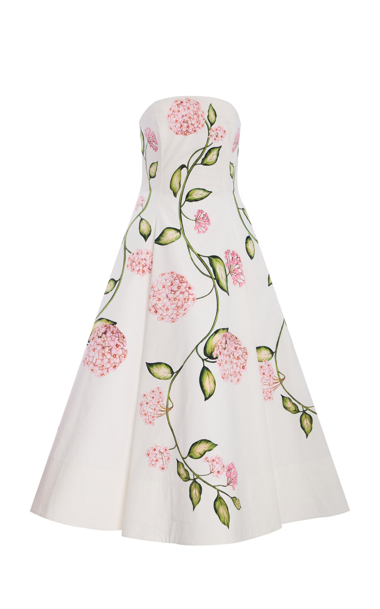 Oscar De La Renta Porcelain Flowers Strapless Poplin Midi Dress In White