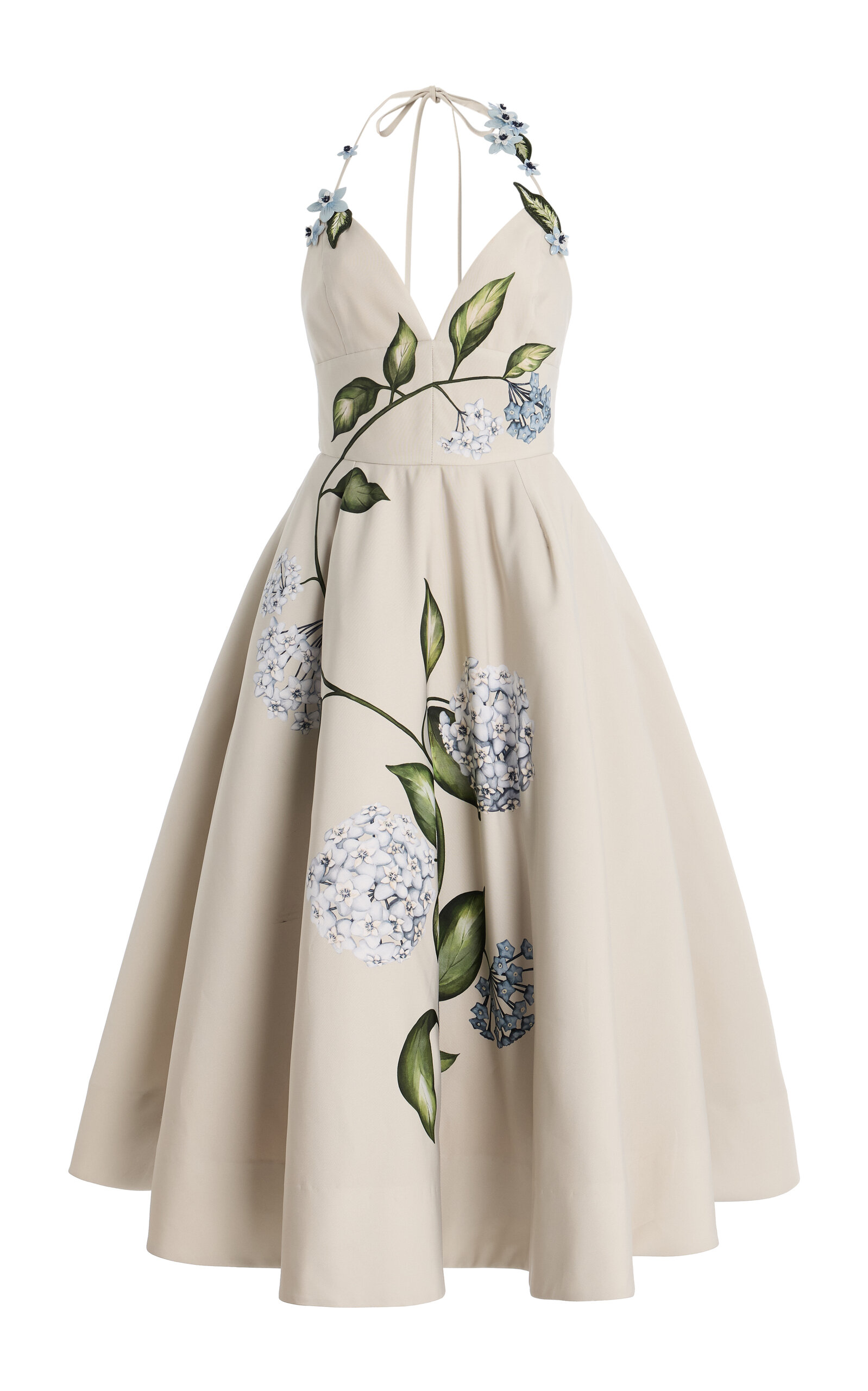 Oscar de la Renta Porcelain Flowers Halter Neck Faille Cocktail Dress - Tan