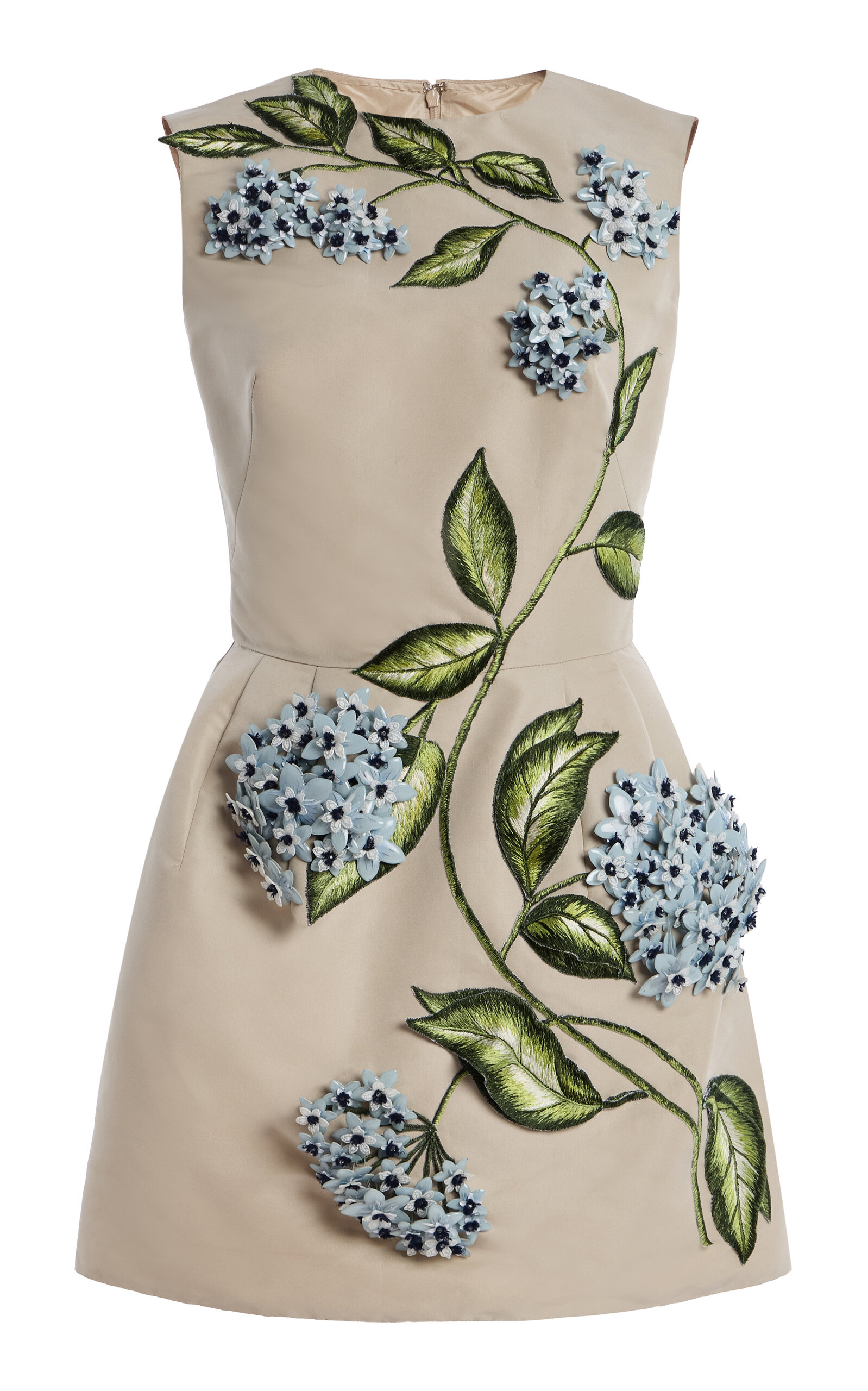 Oscar De La Renta Porcelain Flowers Embroidered Faille Cocktail Dress In Gray