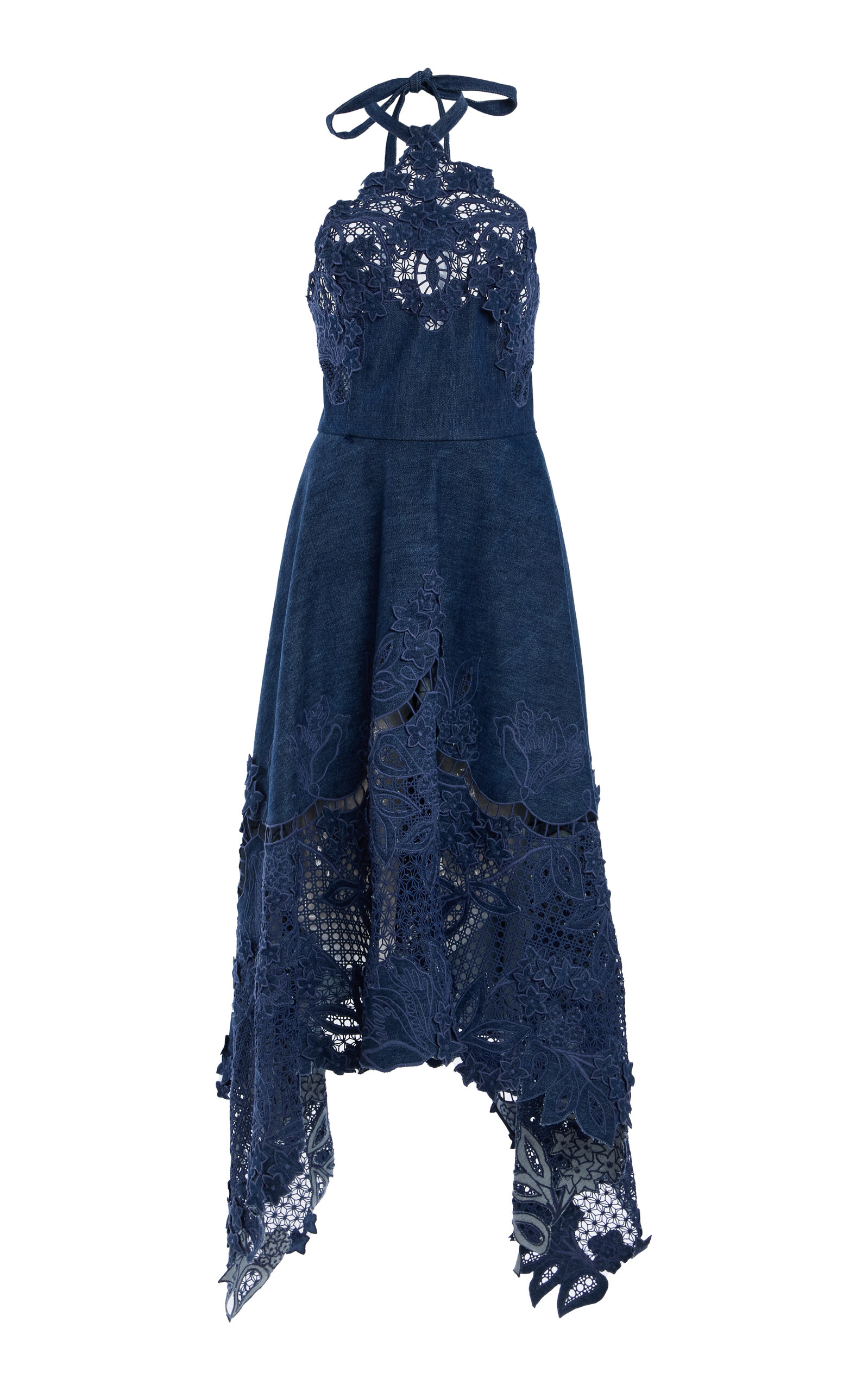 Oscar de la Renta Embroidered Cotton-Guipure Midi Dress - Dark Wash