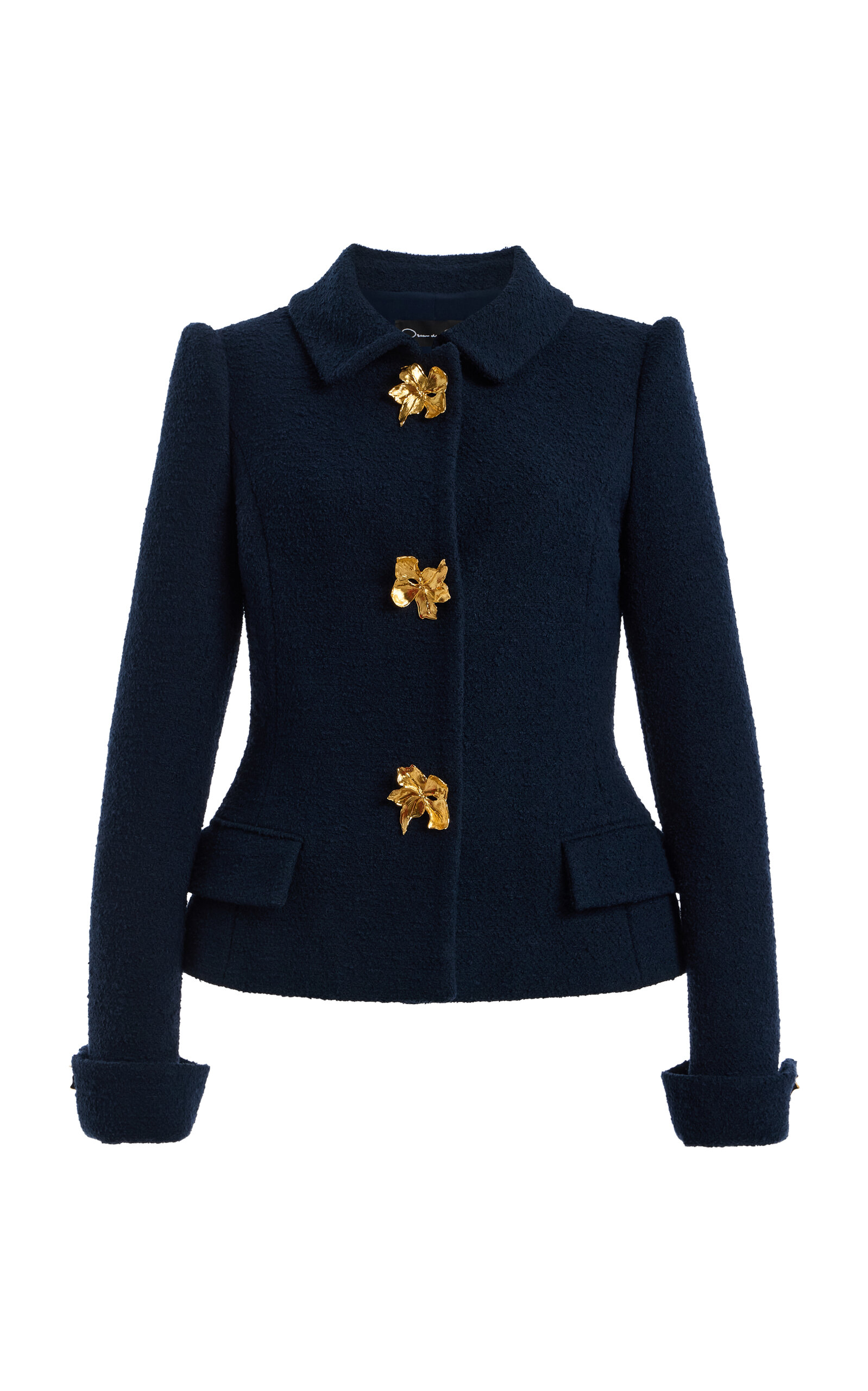 Oscar De La Renta Flower-button Wool-tweed Jacket In Blue