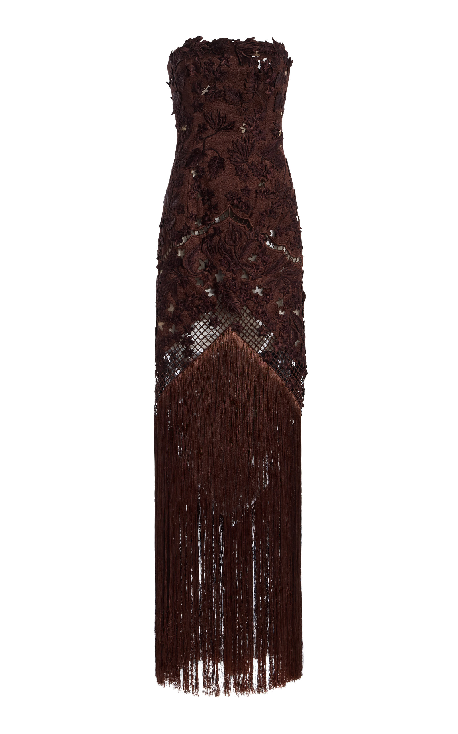 Oscar De La Renta Fringed Strapless Silk Gown In Brown