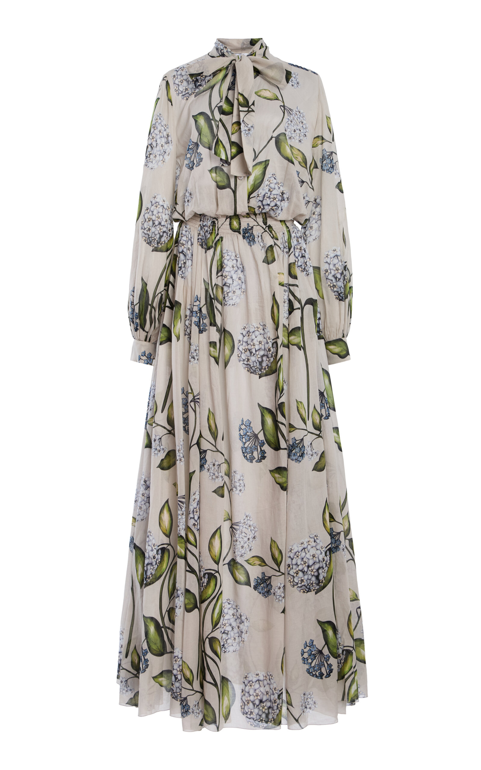 Oscar de la Renta Porcelain Flowers Printed Cotton-Voile Gown - Tan