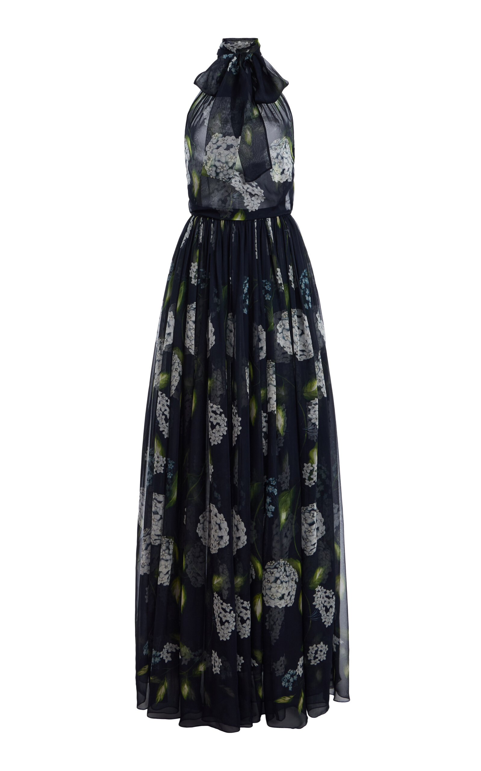 Oscar De La Renta Porcelain Flowers Halter Neck Chiffon Gown In Multi