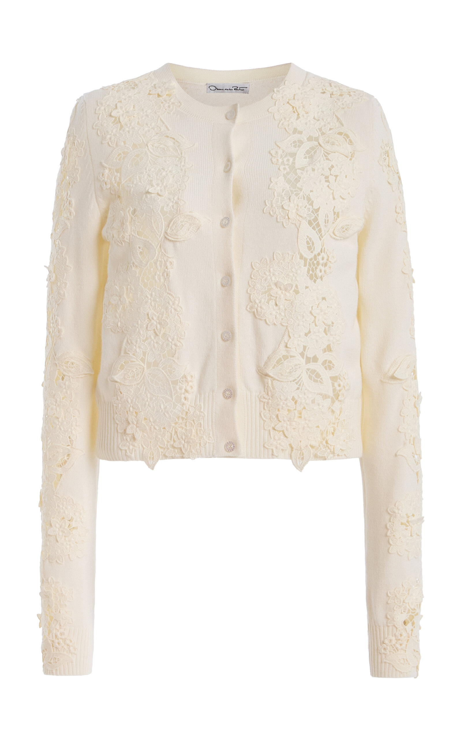 Oscar de la Renta Lace-Insert Wool Cardigan - Ivory - XS