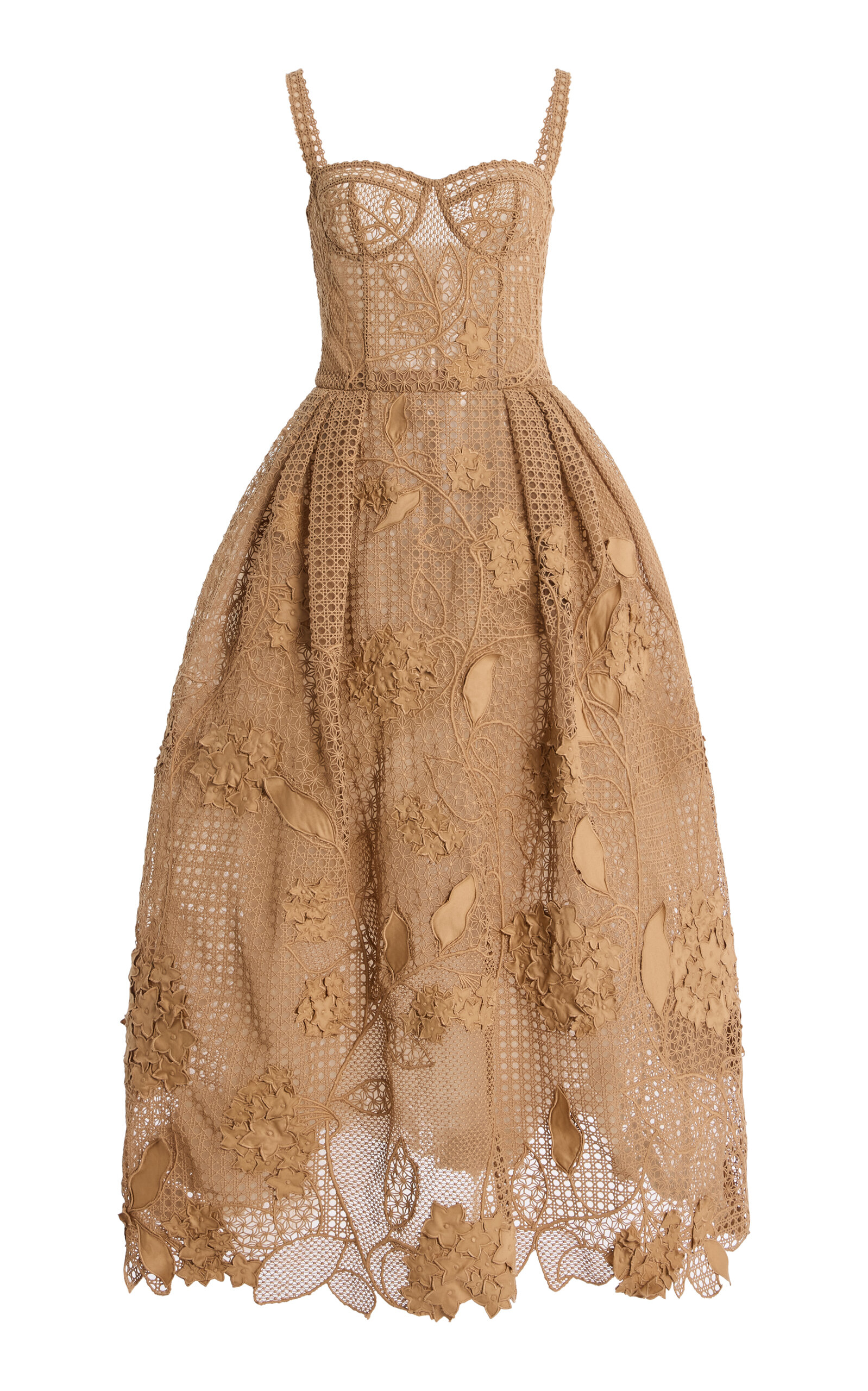 Oscar de la Renta Bustier Guipure Cocktail Midi Dress - Khaki