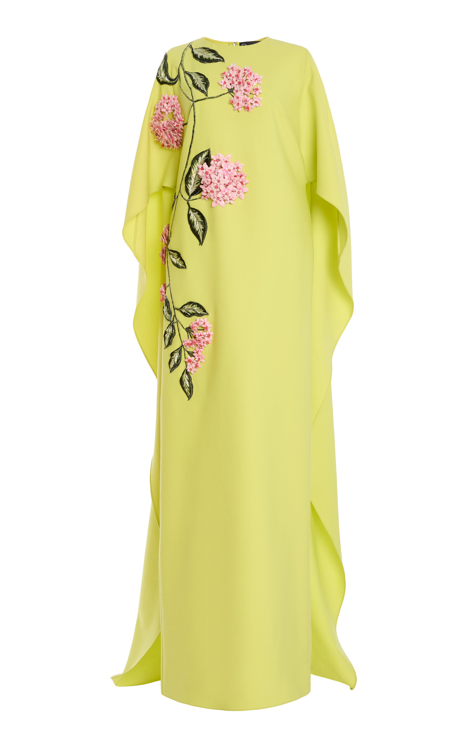 Oscar de la Renta Hoya Flowers Embroidered Wool-Blend Caftan - Lime Green - XL
