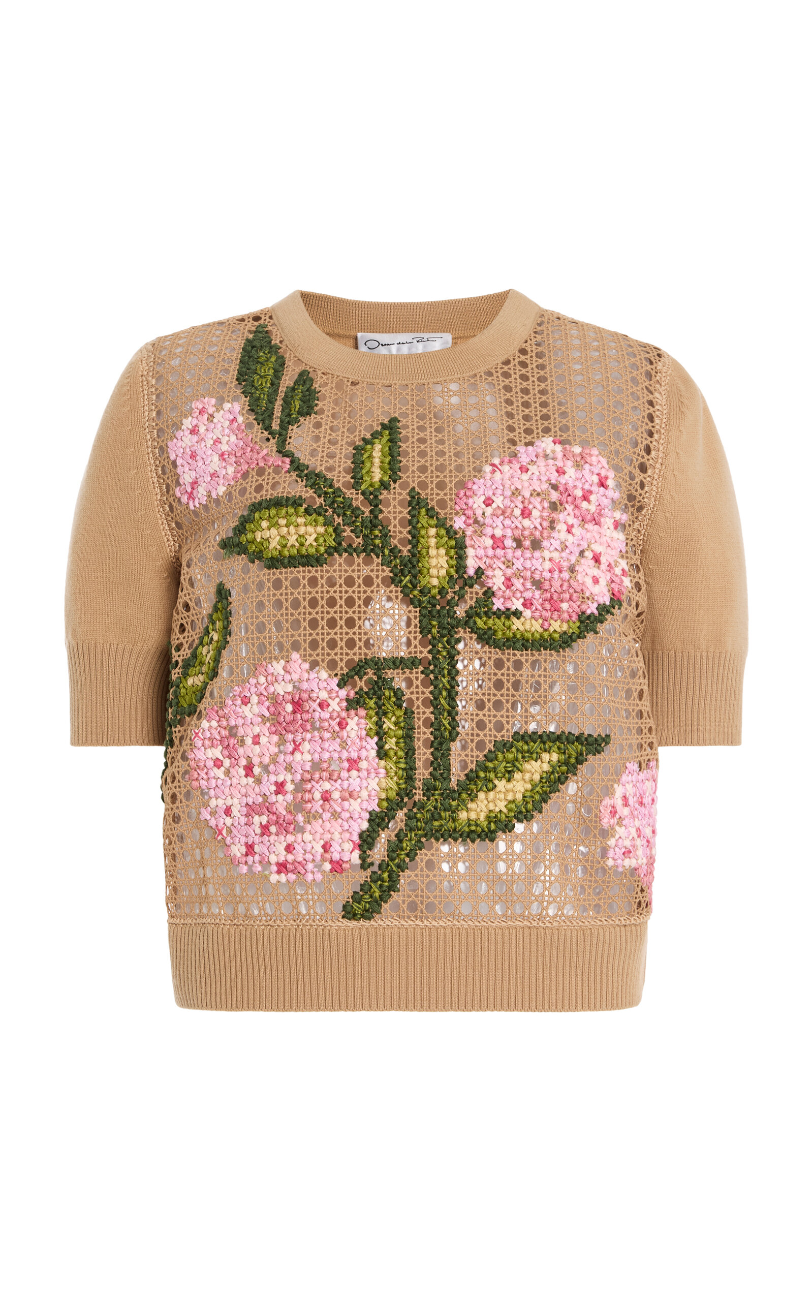 Oscar de la Renta Embroidered Lace-Insert Wool Top - Tan