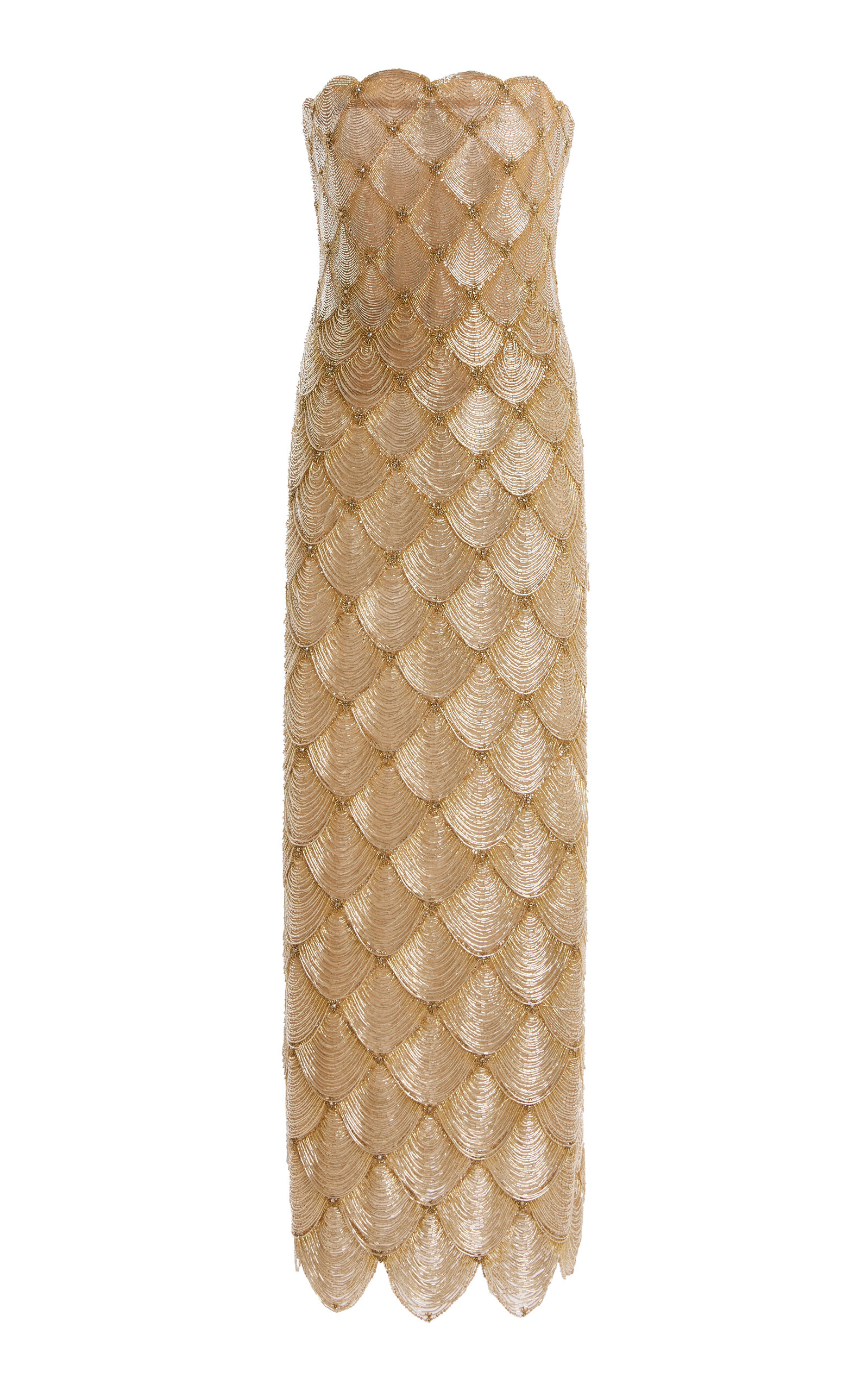 Oscar de la Renta Bugle-Beaded Scallop Gown - Gold