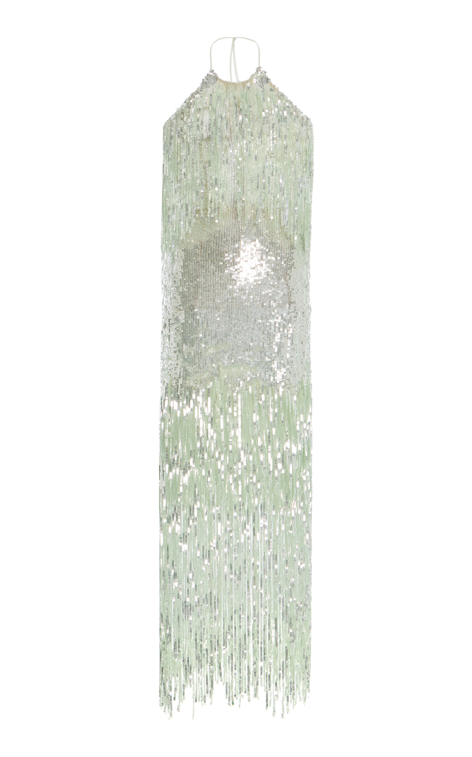 Oscar De La Renta Sequined Fringed Cocktail Midi Dress In Green