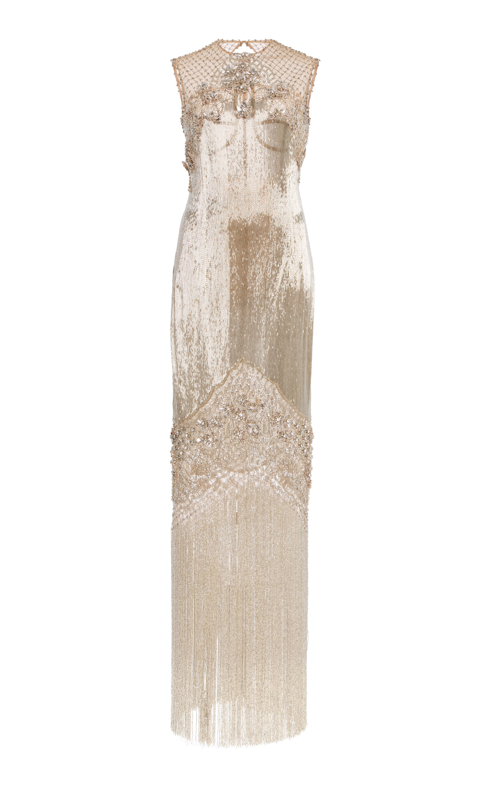 Oscar de la Renta Bugle-Beaded Flower-Lattice Gown - Silver