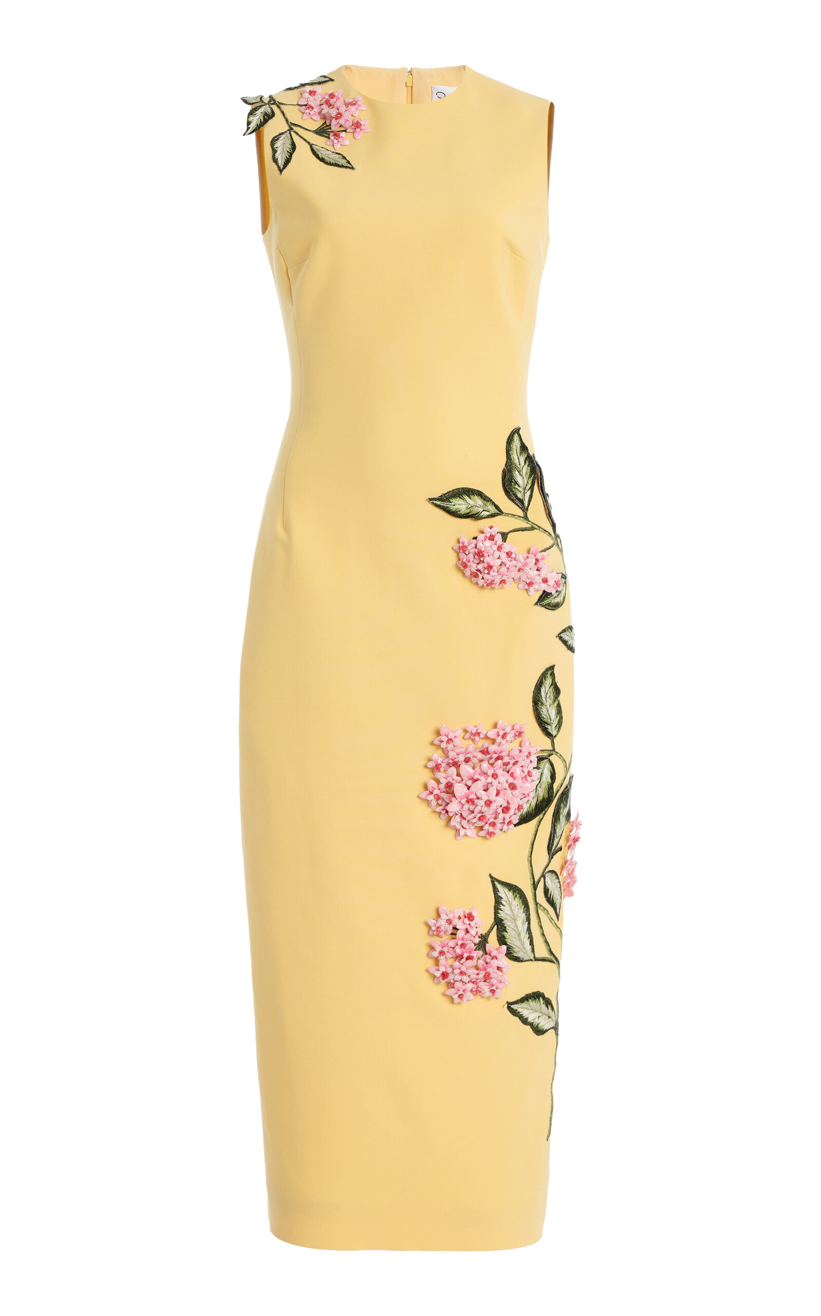 Oscar De La Renta Porcelain Flowers Embroidered Wool-blend Midi Dress In Yellow