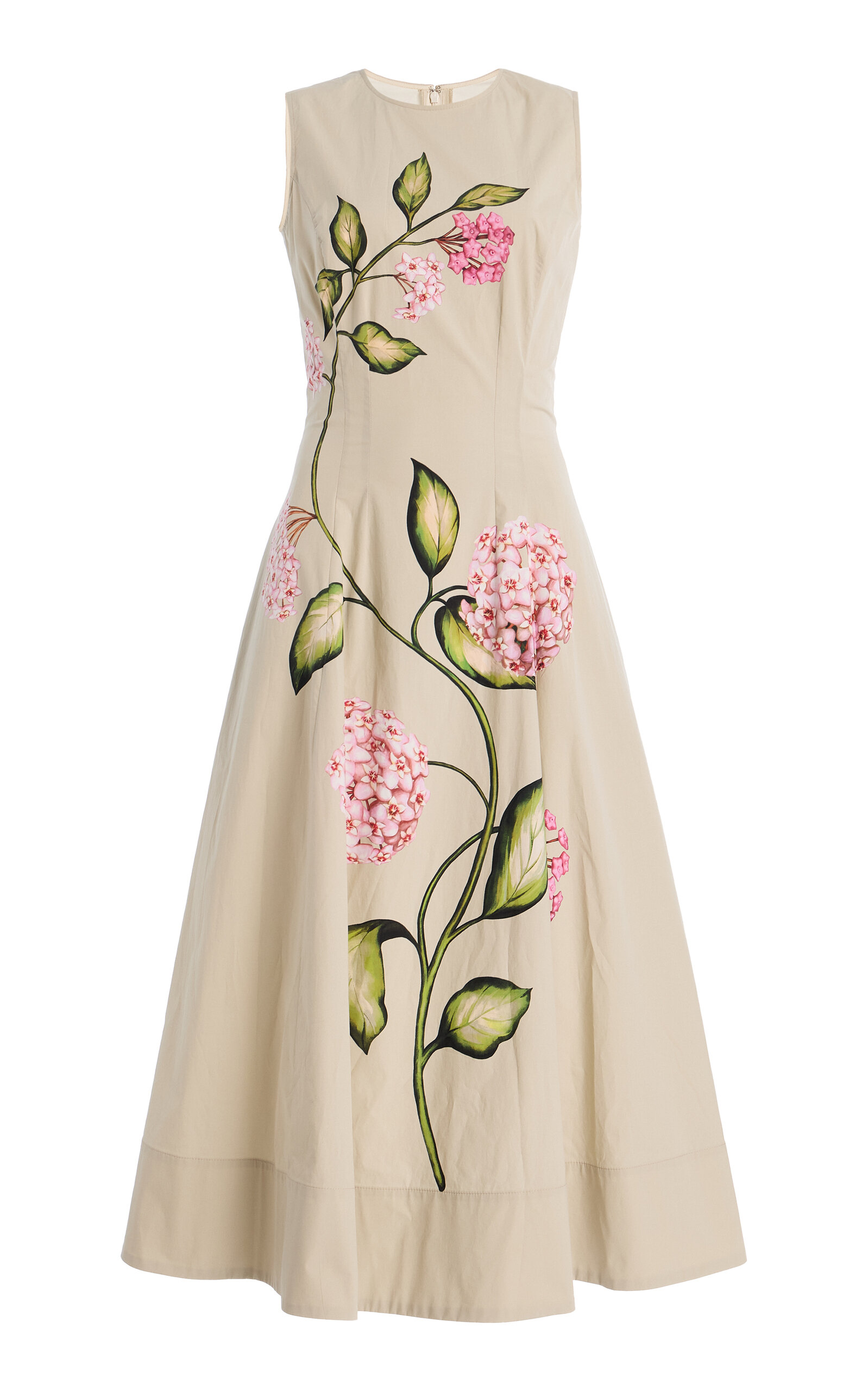 Oscar de la Renta Porcelain Flowers Poplin Midi Dress - Tan