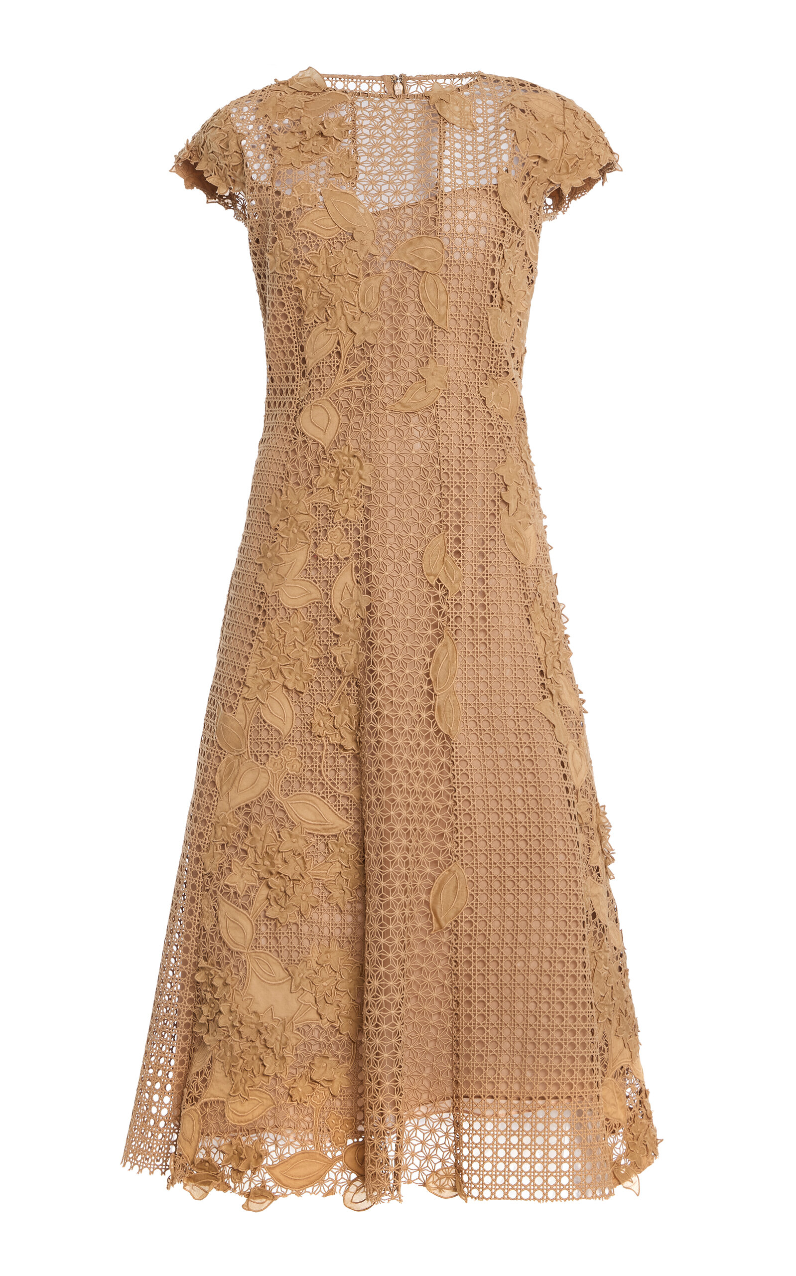 Oscar de la Renta Embroidered Guipure Midi Dress - Khaki