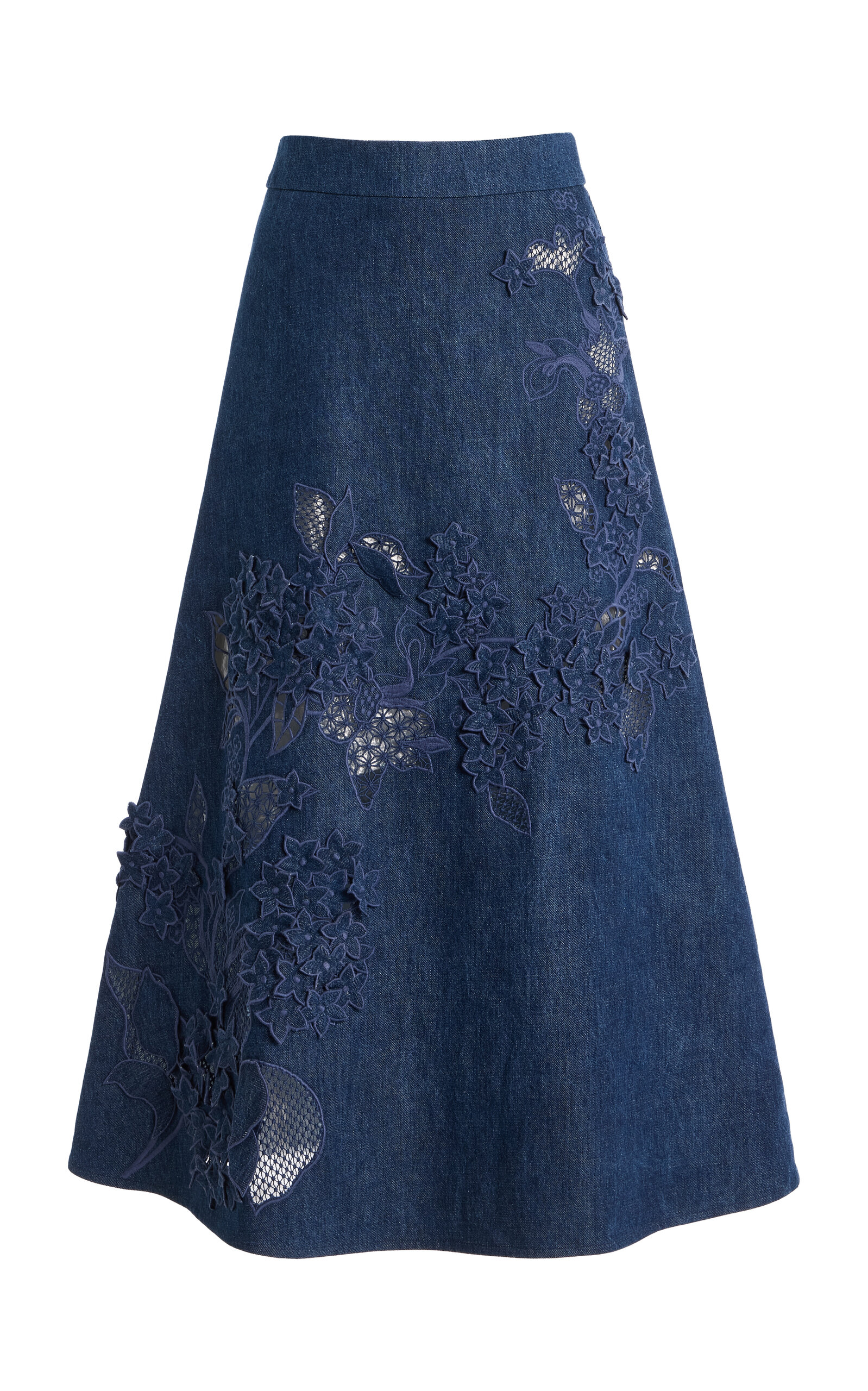 Oscar De La Renta Embroidered Stretch-denim A-line Midi Skirt In Blue