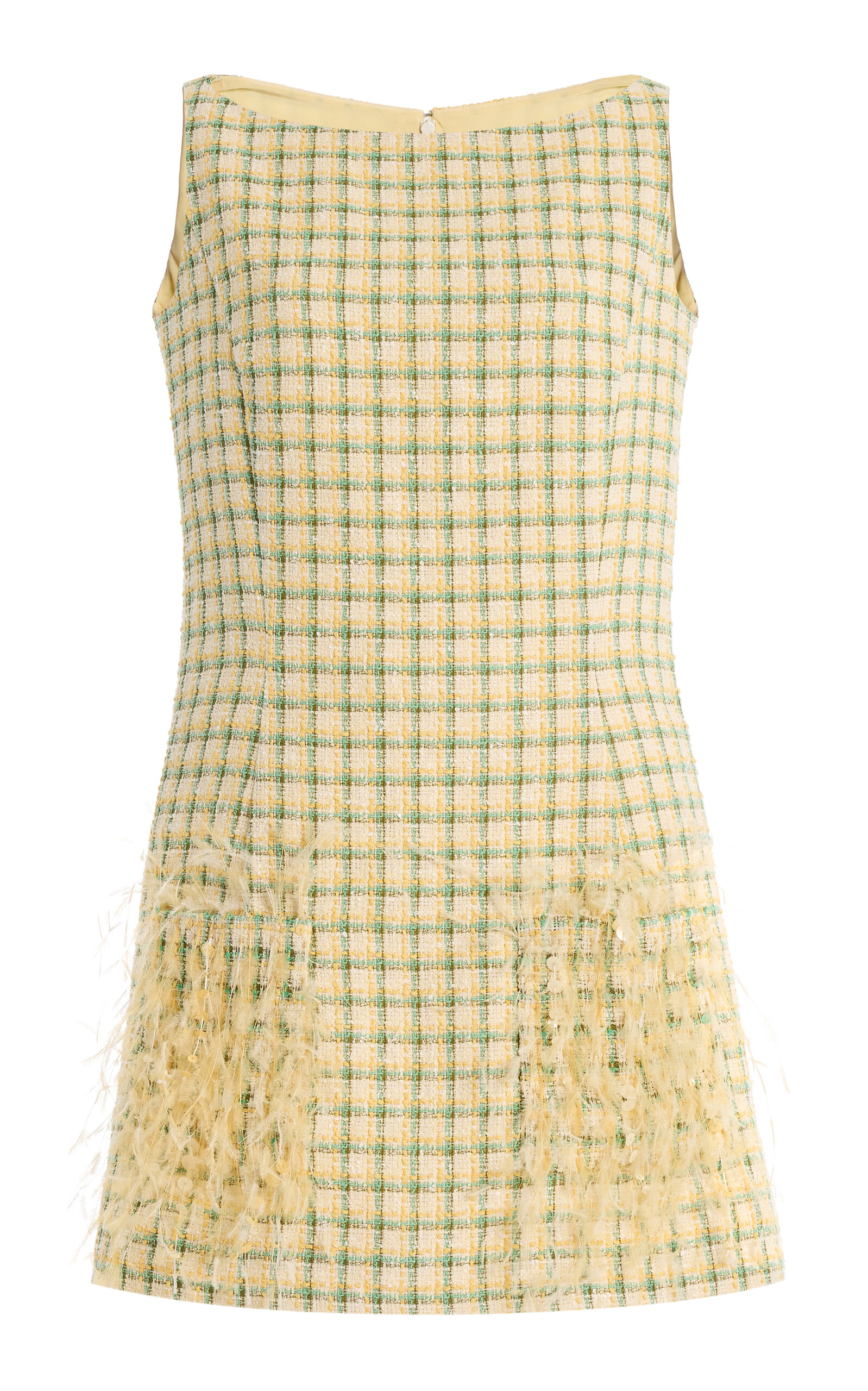 Oscar De La Renta Sequin-embellished Feather-trimmed Checked Cotton-blend Tweed Mini Dress In Yellow