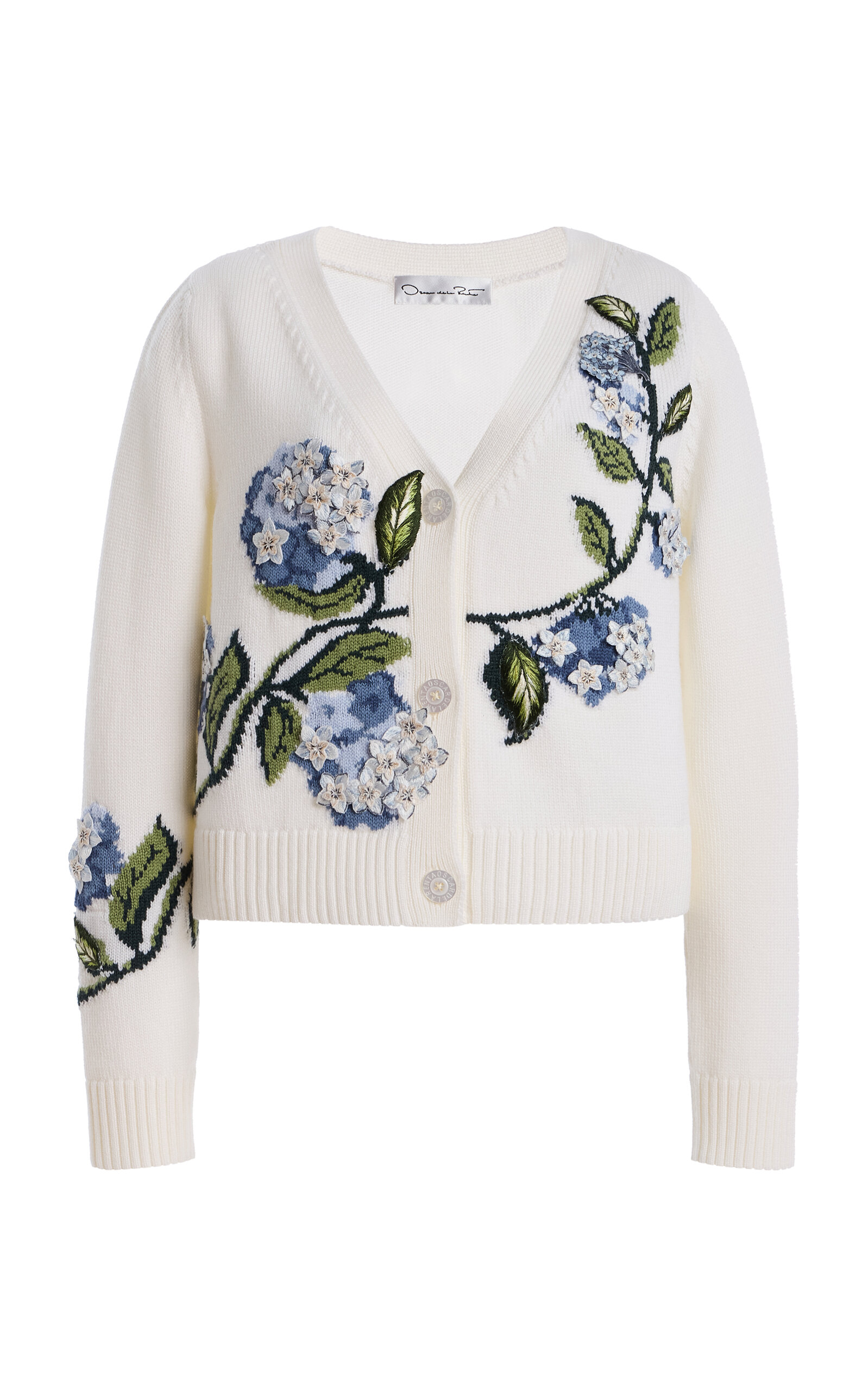 Oscar De La Renta Porcelain Flowers Jacquard Wool Cardigan In White