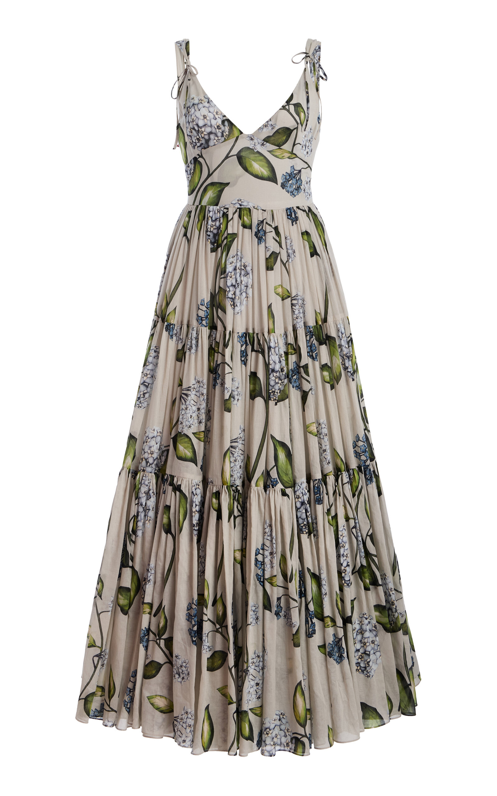 Oscar de la Renta Porcelain Flowers Pleated Cotton Voile Midi Dress