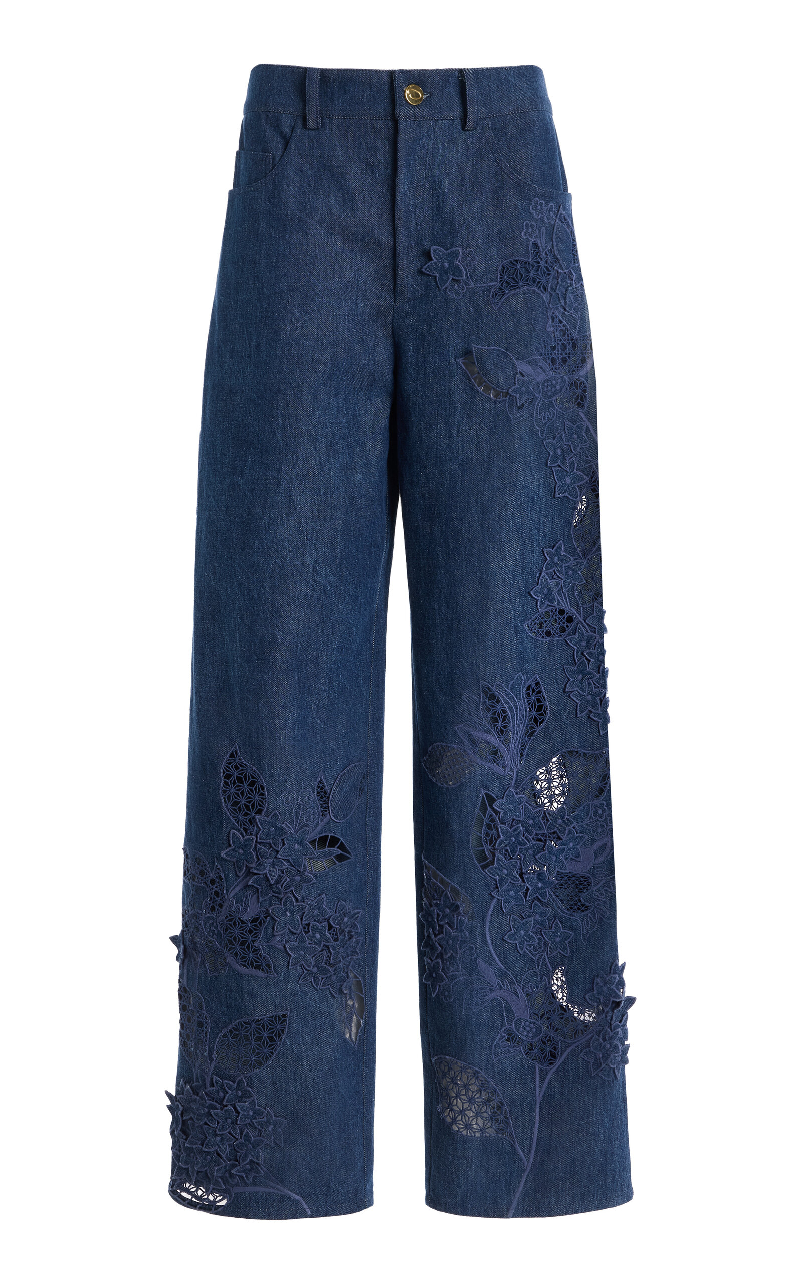 Oscar de la Renta Embroidered Stretch-Denim Wide-Leg Pants - Dark Wash