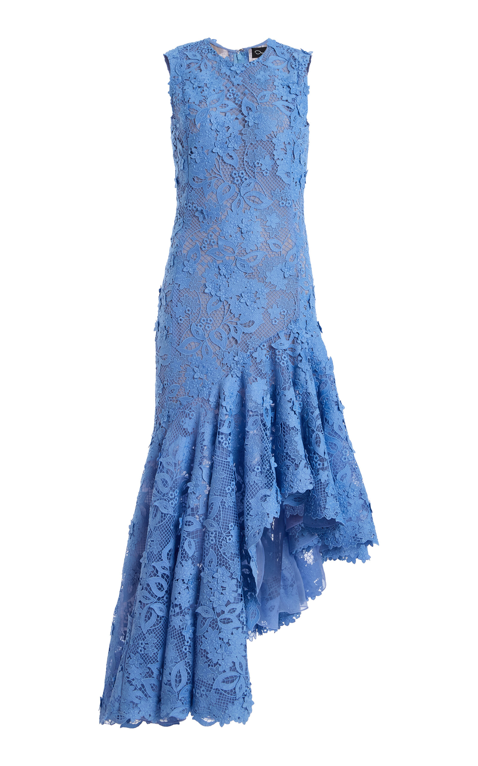 Oscar de la Renta Porcelain Flowers Asymmetric Guipure Midi Dress
