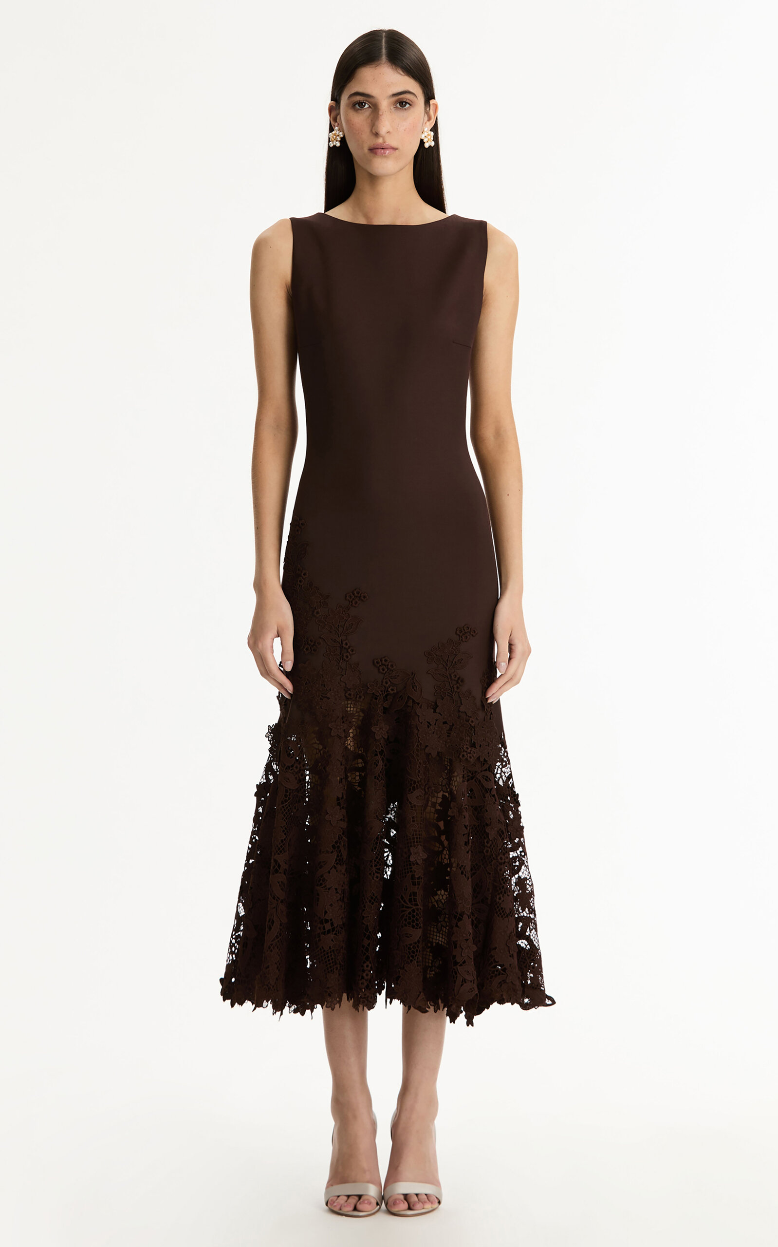 Oscar De La Renta Porcelain Flowers Guipure Midi Dress In Brown